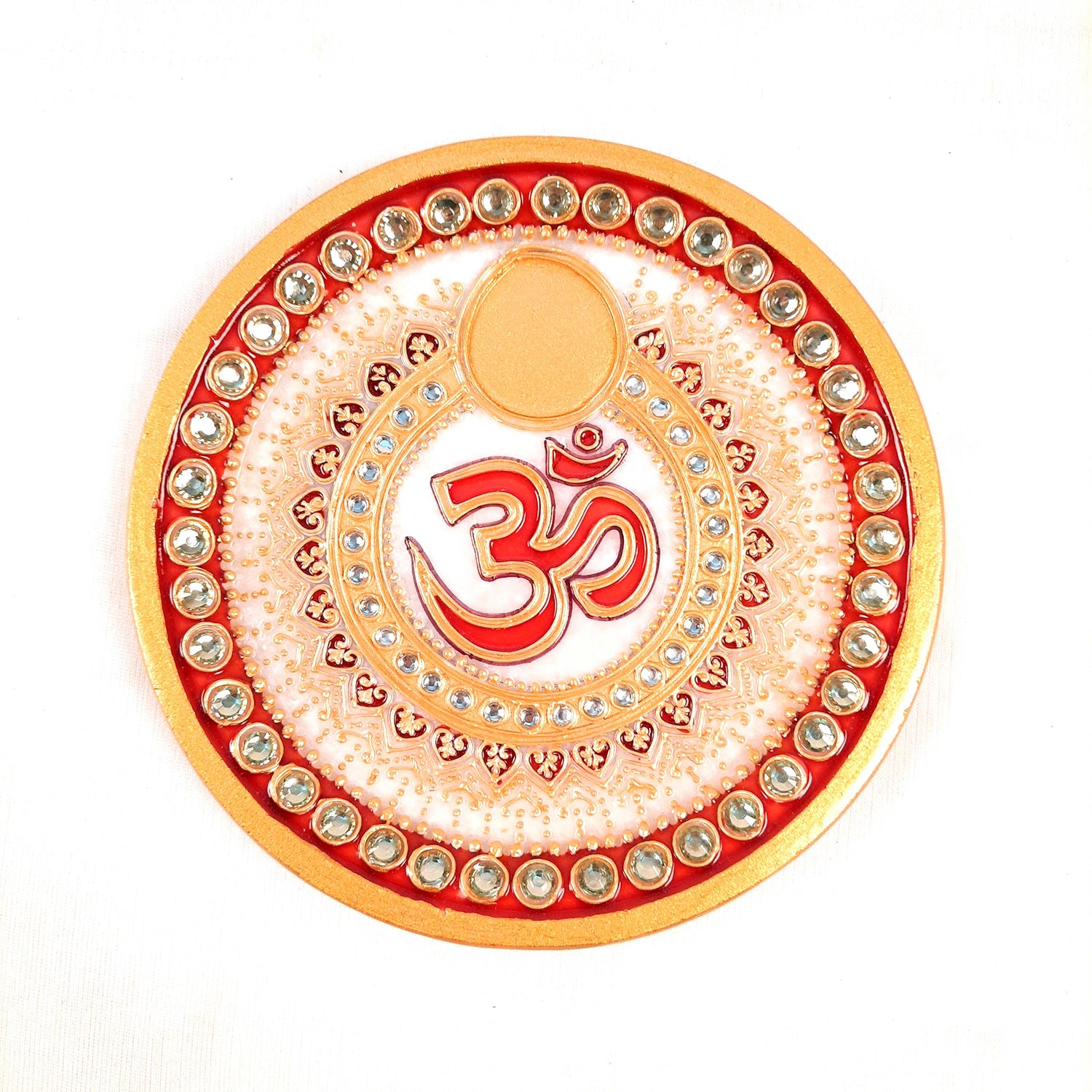 Puja Plate with Diya |Marble Pooja Thali With Heavy Om Design - For Pooja, weddings & Festivals - 6 Inch - Apkamart #Style_Design 1