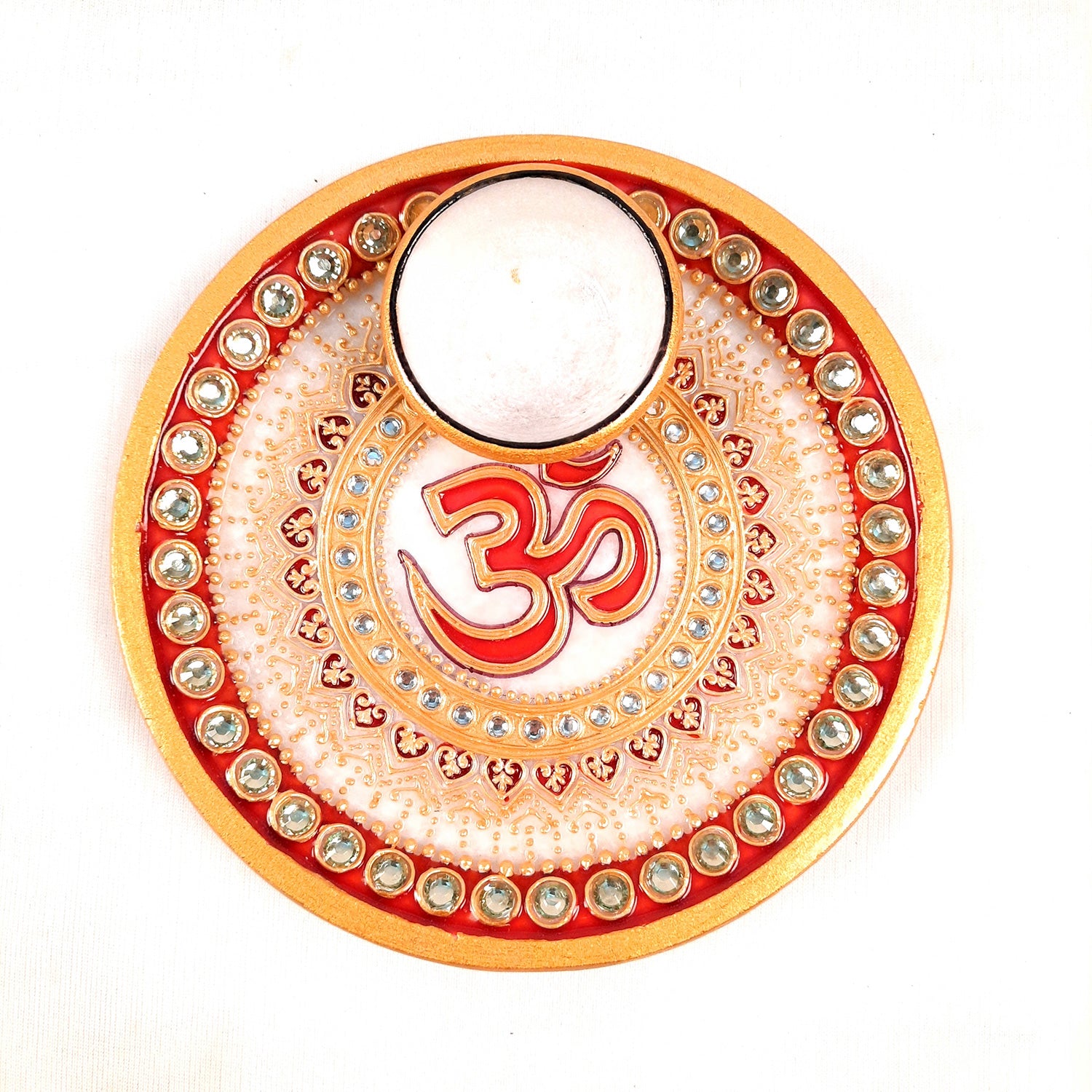 Puja Plate with Diya |Marble Pooja Thali With Heavy Om Design - For Pooja, weddings & Festivals - 6 Inch - Apkamart #Style_Design 1