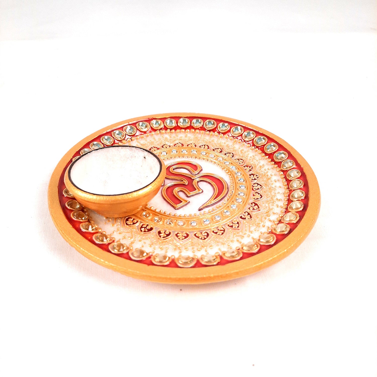 Puja Plate with Diya |Marble Pooja Thali With Heavy Om Design - For Pooja, weddings & Festivals - 6 Inch - Apkamart #Style_Design 1