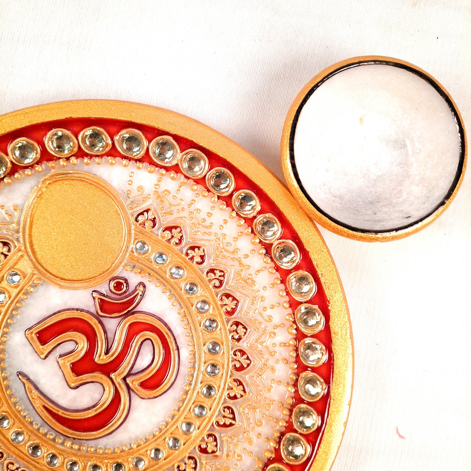 Puja Plate with Diya |Marble Pooja Thali With Heavy Om Design - For Pooja, weddings & Festivals - 6 Inch - Apkamart #Style_Design 1