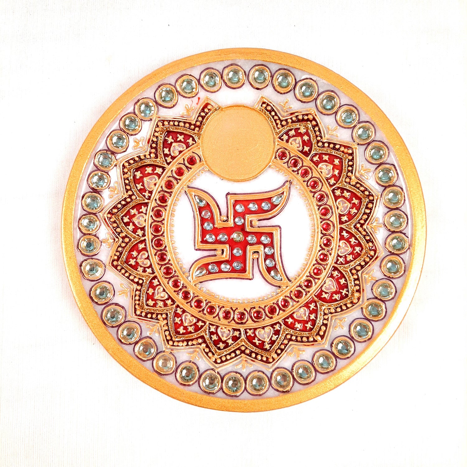 Marble Puja Thali with Diya | Pooja Plate With Swastik Design - For Rakhi, Diwali & Karwa Chauth - 6 Inch - Apkamart