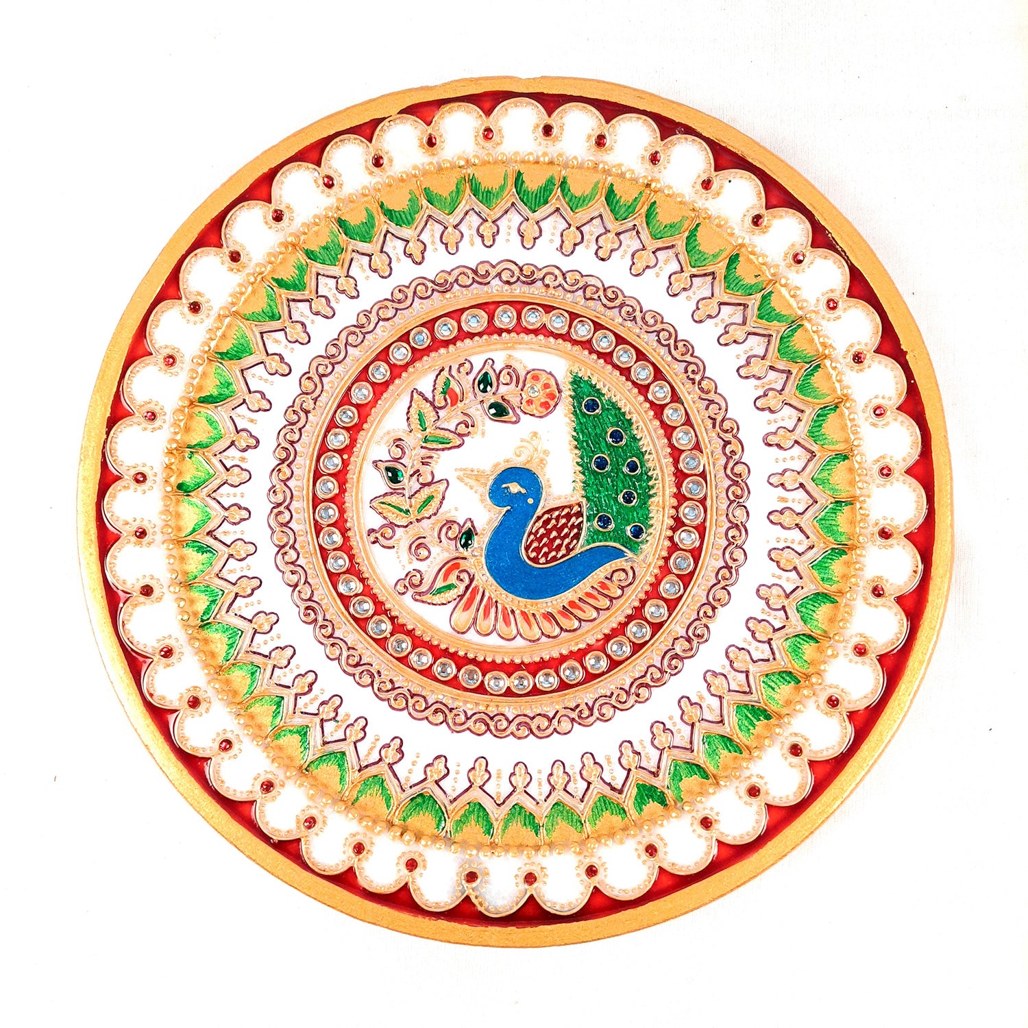 Marble Pooja Thali - Heavy Peacock Design - For Aarti, Puja, Weddings & Festivals - 9 Inch - Apkamart