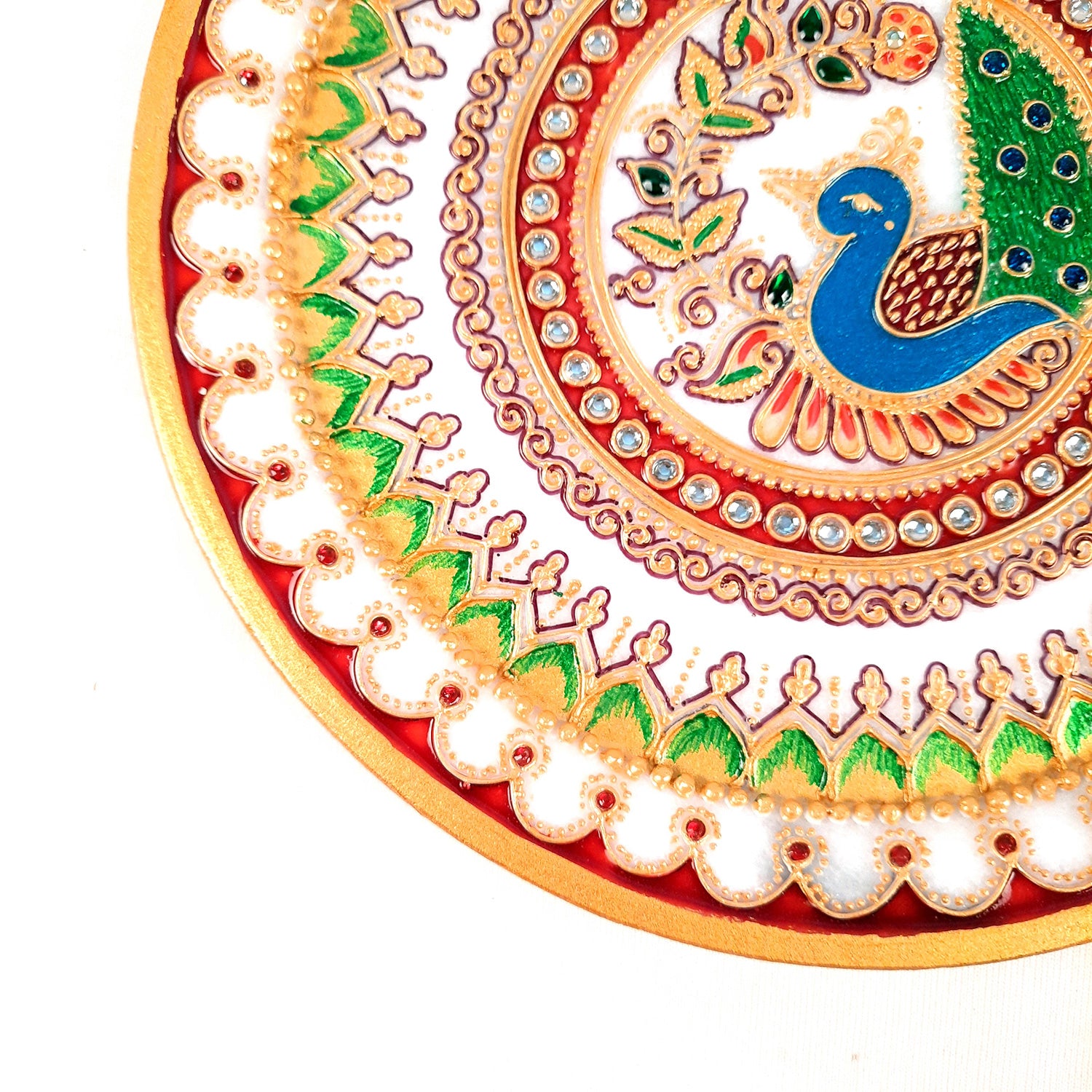 Marble Pooja Thali - Heavy Peacock Design - For Aarti, Puja, Weddings & Festivals - 9 Inch - Apkamart