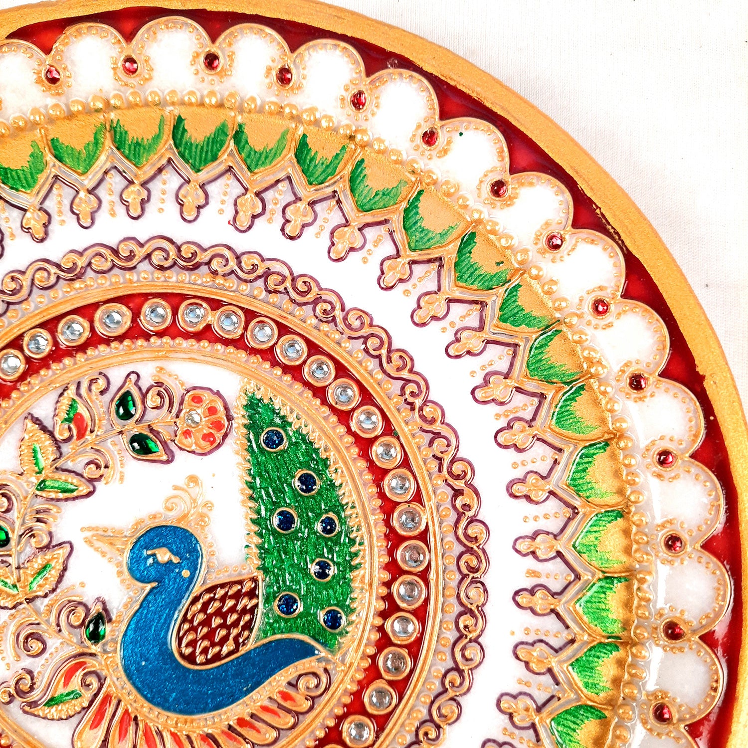 Marble Pooja Thali - Heavy Peacock Design - For Aarti, Puja, Weddings & Festivals - 9 Inch - Apkamart