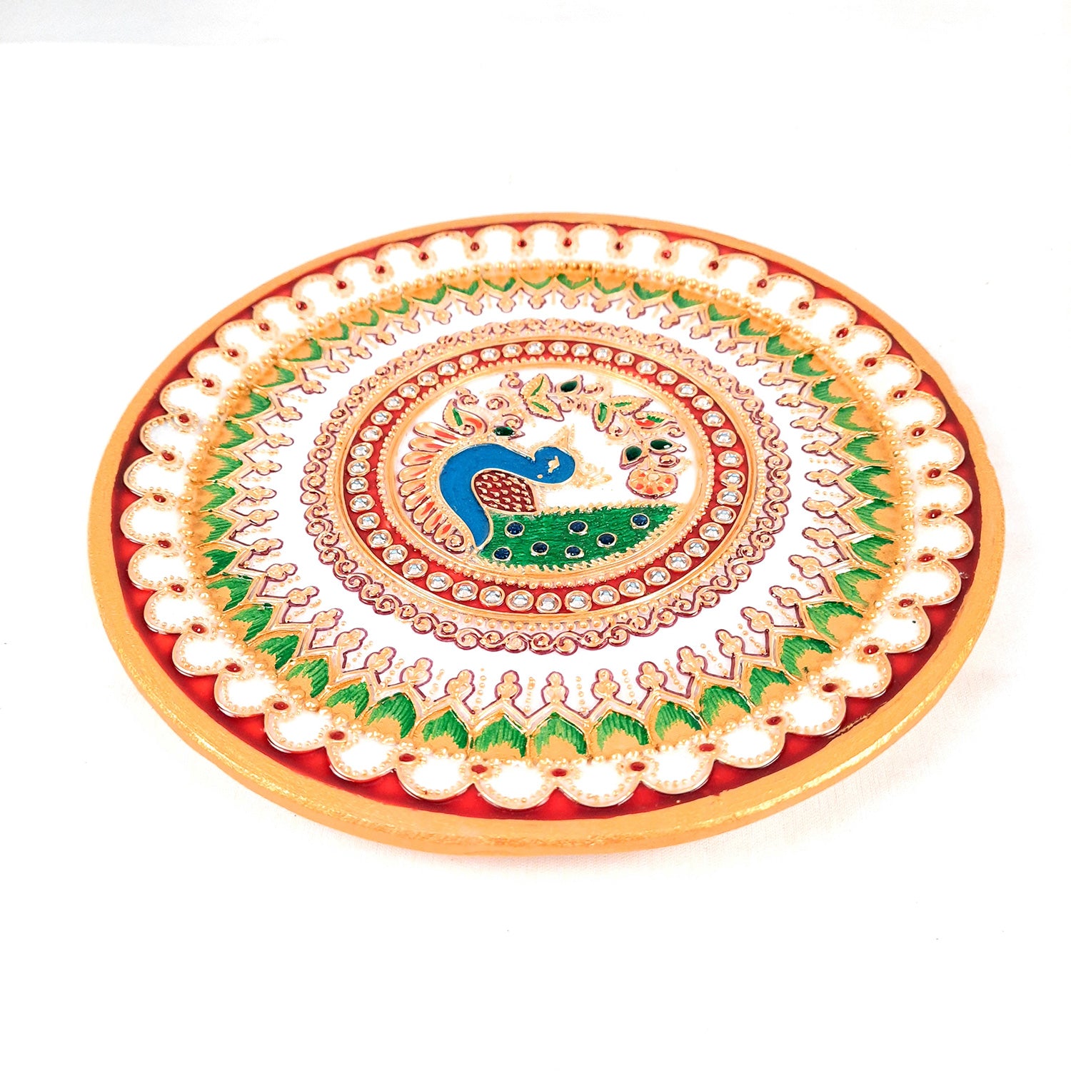 Marble Pooja Thali - Heavy Peacock Design - For Aarti, Puja, Weddings & Festivals - 9 Inch - Apkamart