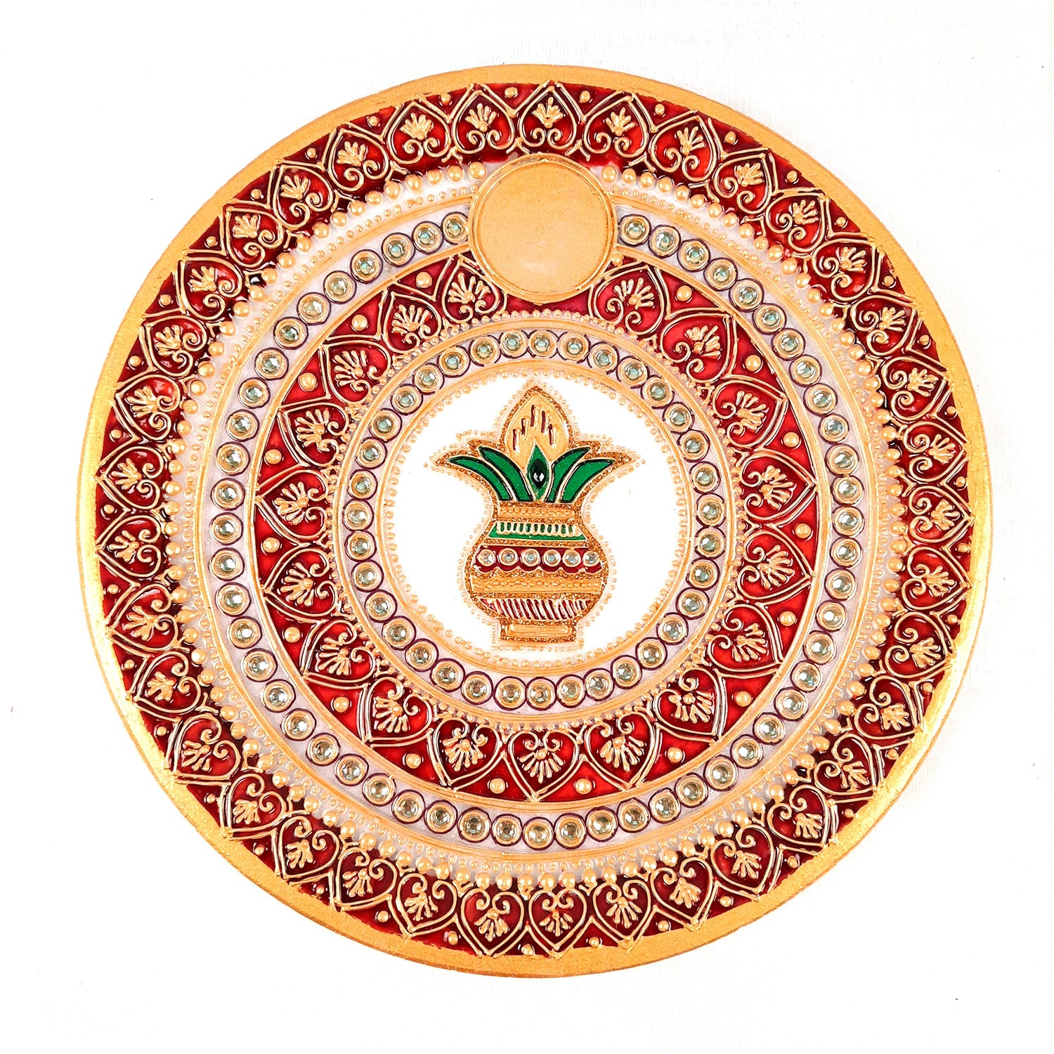 Marble Pooja Plate With Diya | Aarti Thali - Heavy Kalash Design - For Pooja, Weddings & Festivals - 9 Inch - Apkamart