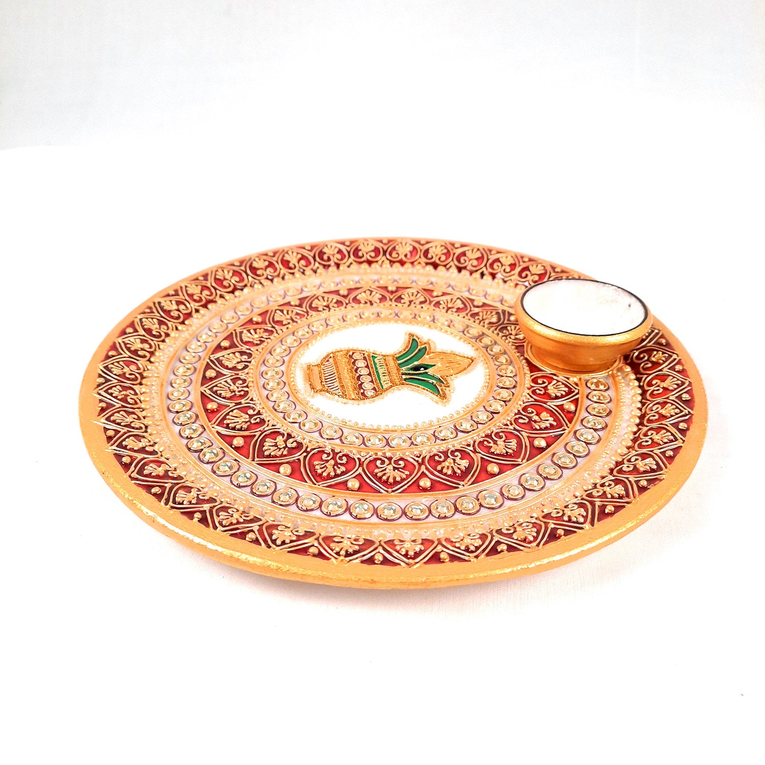 Marble Pooja Plate With Diya | Aarti Thali - Heavy Kalash Design - For Pooja, Weddings & Festivals - 9 Inch - Apkamart