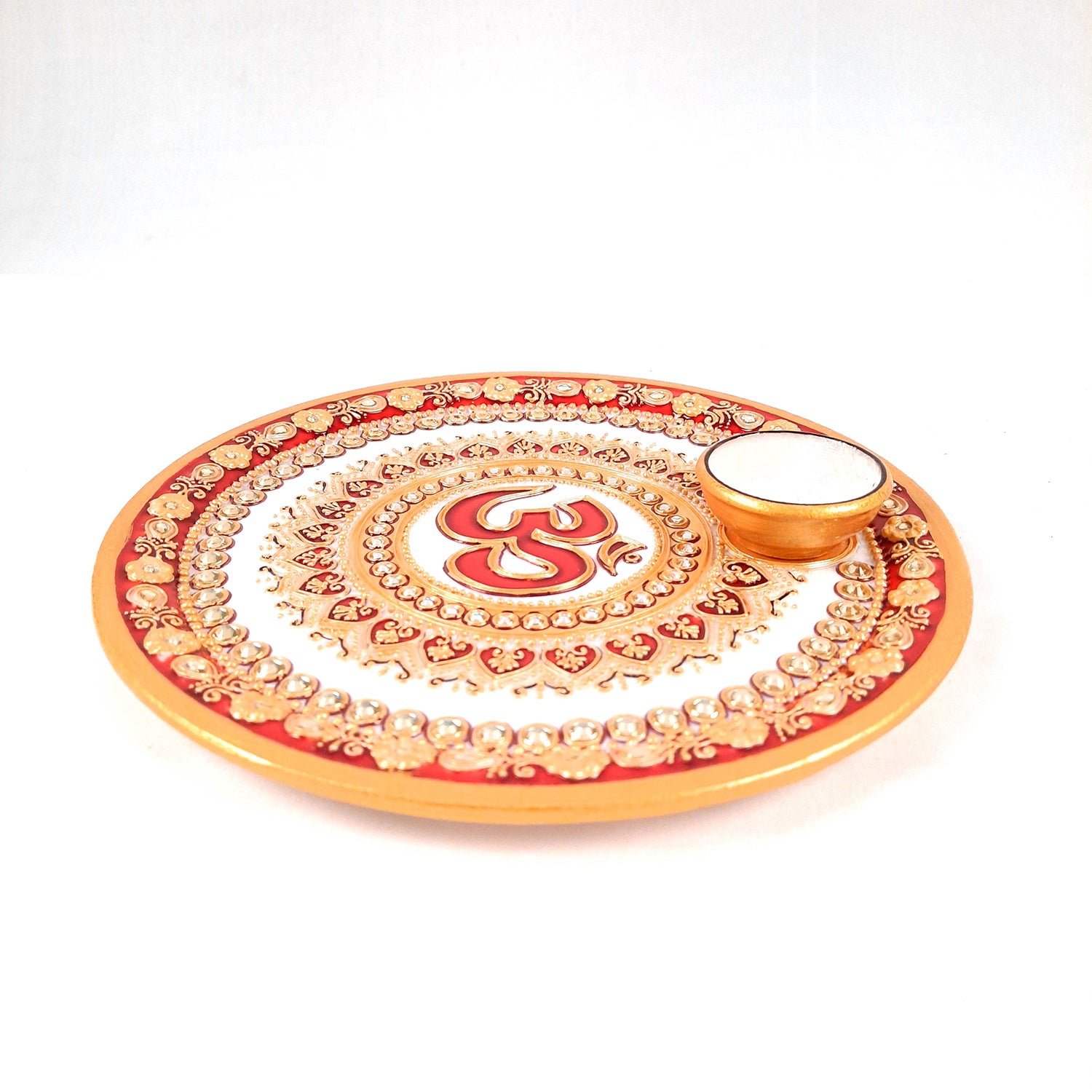 Marble Pooja Plate With Diya | Aarti Thali - Om Heavy Design - For Pooja, Weddings & Festivals - Apkamart