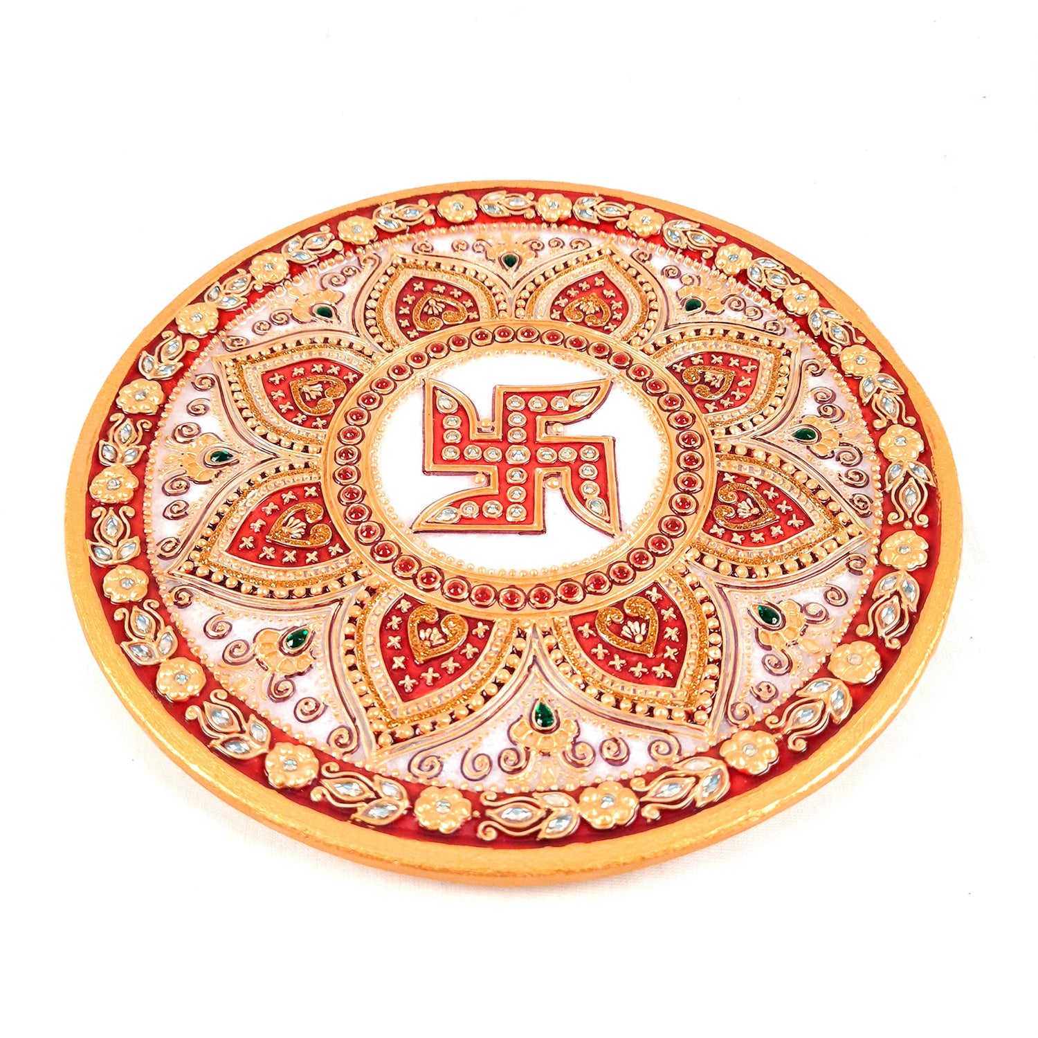 Marble Pooja Plate | Aarti Thali Big - Heavy Design - For Pooja, Weddings & Festivals - 9 Inch - Apkamart