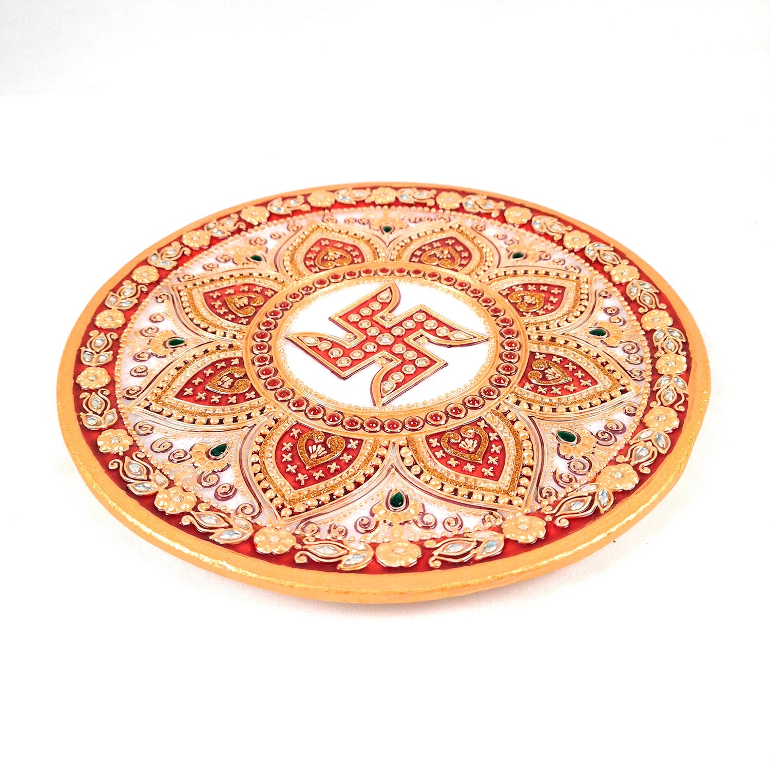 Marble Pooja Plate | Aarti Thali Big - Heavy Design - For Pooja, Weddings & Festivals - 9 Inch - Apkamart