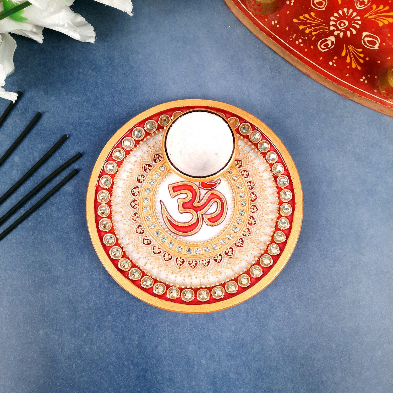 Puja Plate with Diya |Marble Pooja Thali With Heavy Om Design - For Pooja, weddings & Festivals - 6 Inch - Apkamart #Style_Design 1