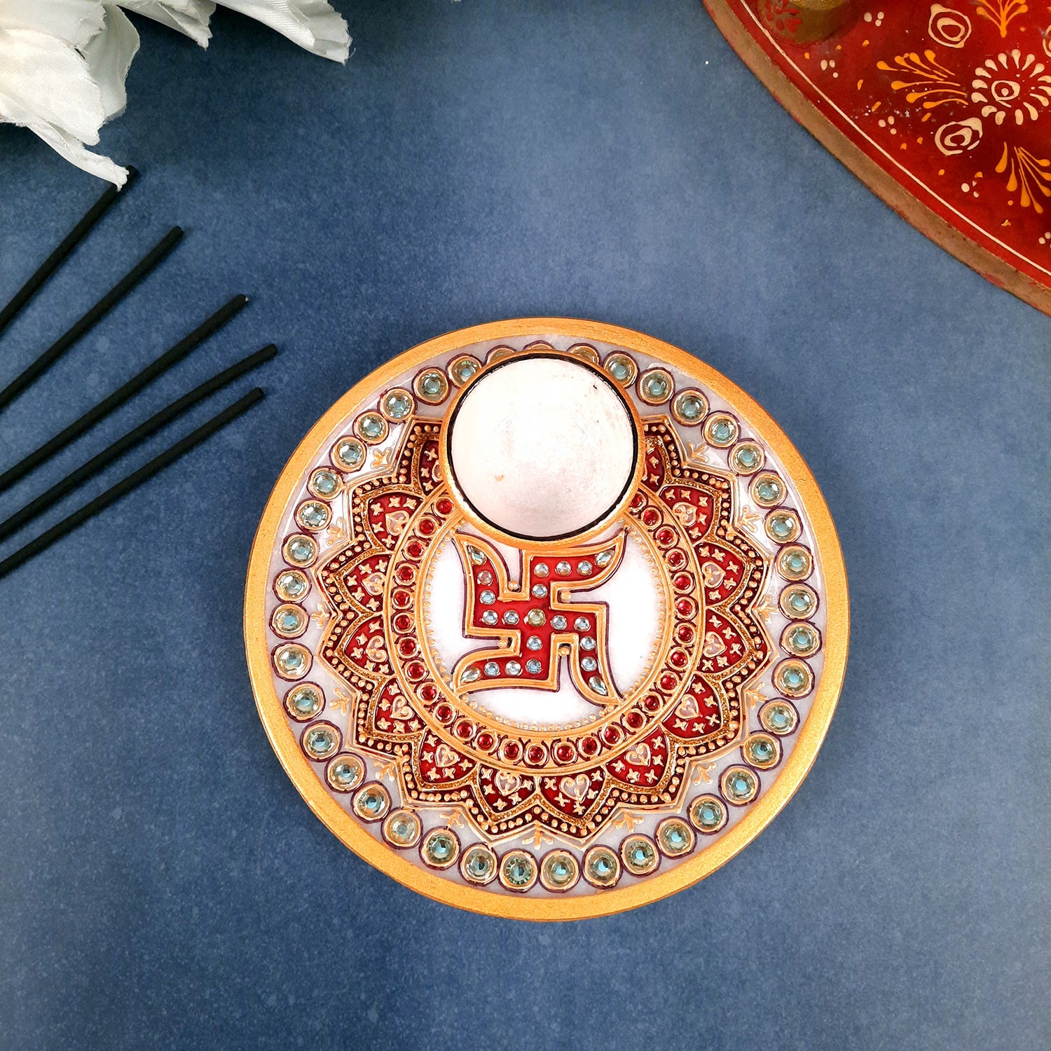 Marble Puja Thali with Diya | Pooja Plate With Swastik Design - For Rakhi, Diwali & Karwa Chauth - 6 Inch - Apkamart