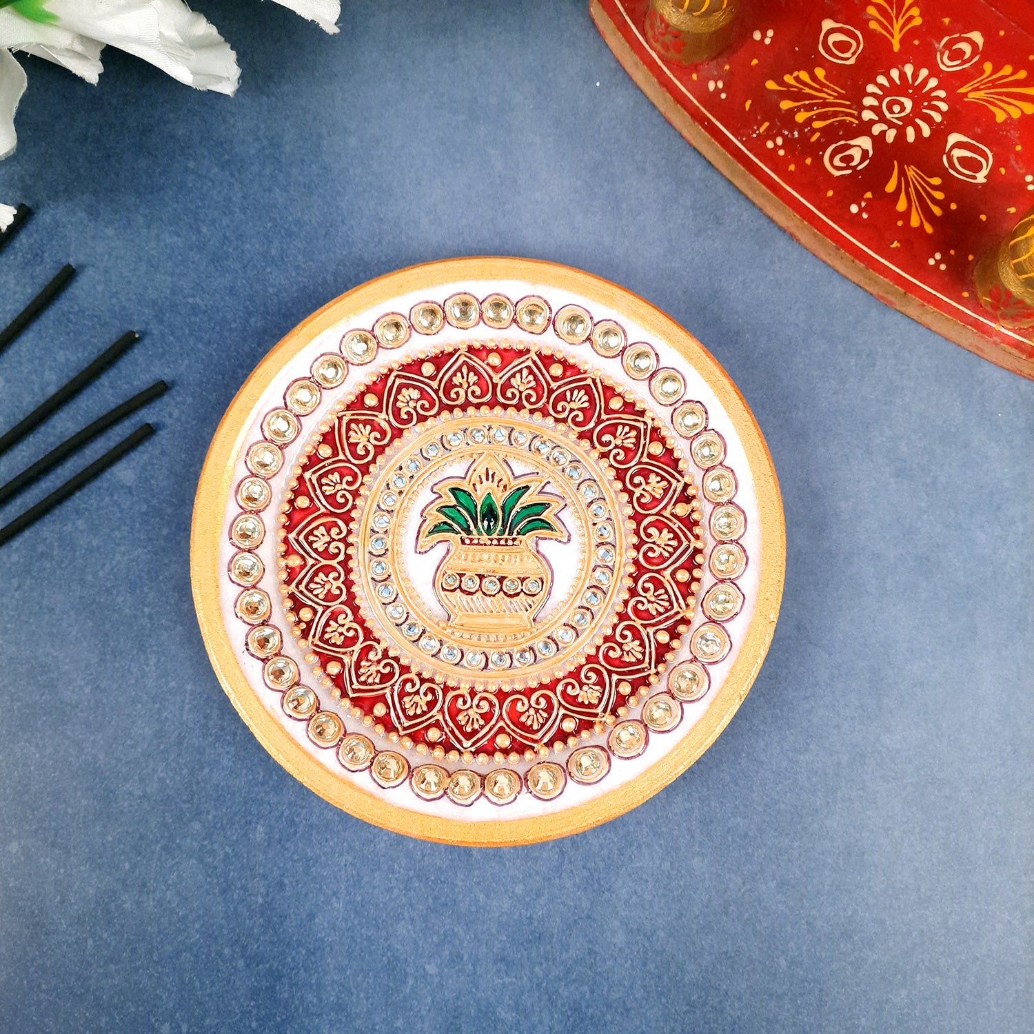 Marble Pooja Plate | Aarti Thali - Heavy Kalash Design - For Pooja, Weddings & Festivals - Apkamart