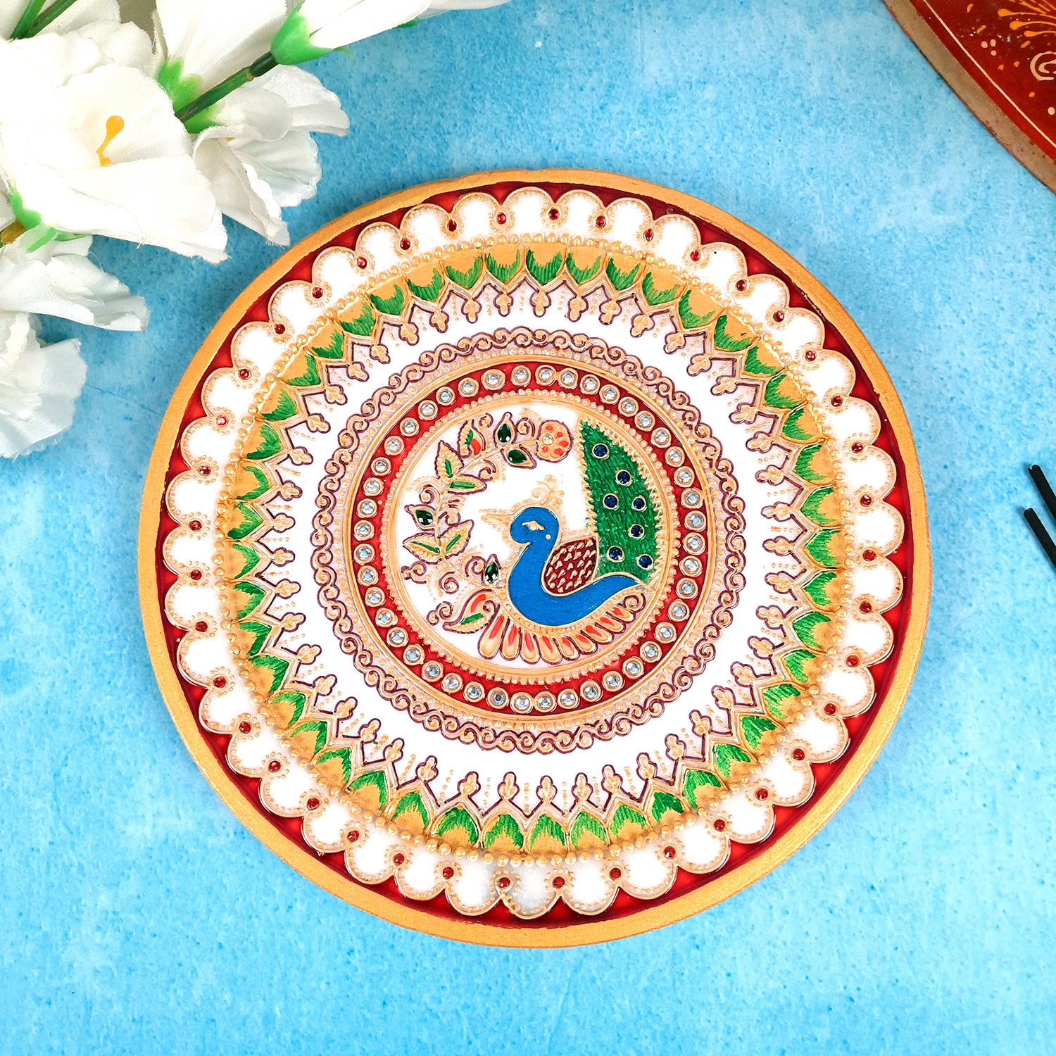 Marble Pooja Thali - Heavy Peacock Design - For Aarti, Puja, Weddings & Festivals - 9 Inch - Apkamart