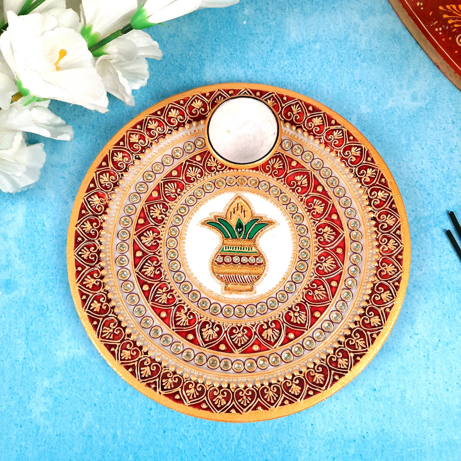 Marble Pooja Plate With Diya | Aarti Thali - Heavy Kalash Design - For Pooja, Weddings & Festivals - 9 Inch - Apkamart