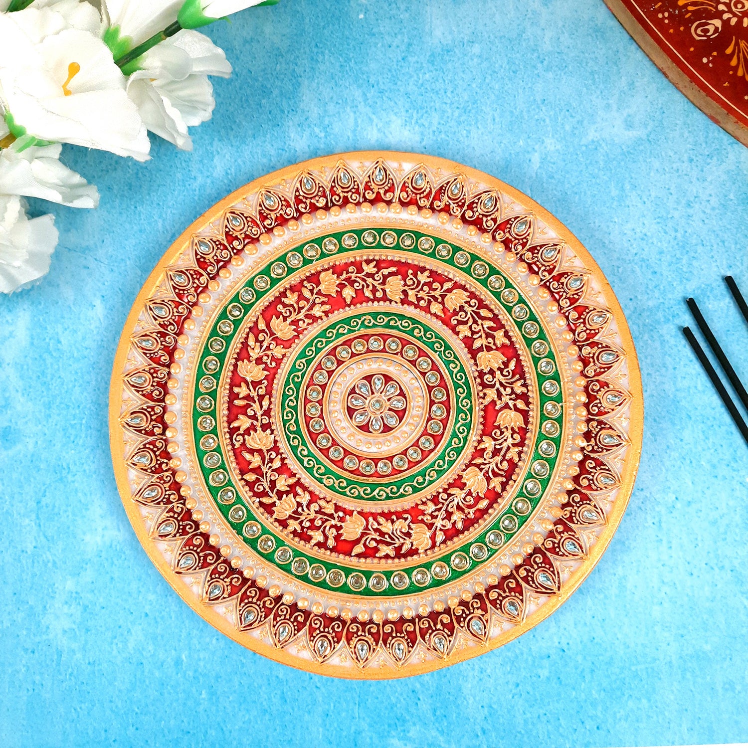 Pooja Thali | Marble Aarti Thali - Heavy Design - For Ganesh Pooja, Diwali & Karwa Chauth - 9 Inch