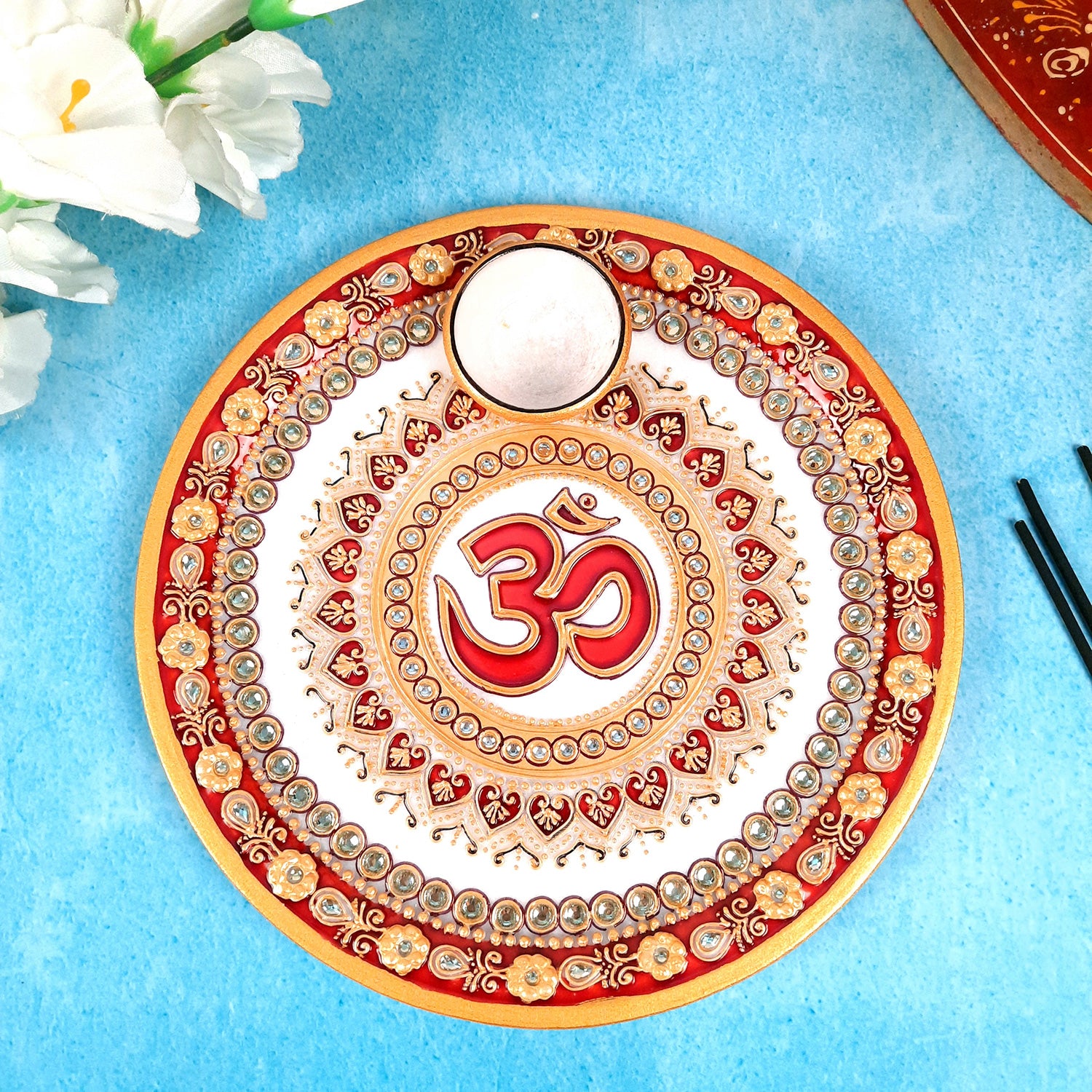 Marble Pooja Plate With Diya | Aarti Thali - Om Heavy Design - For Pooja, Weddings & Festivals - Apkamart