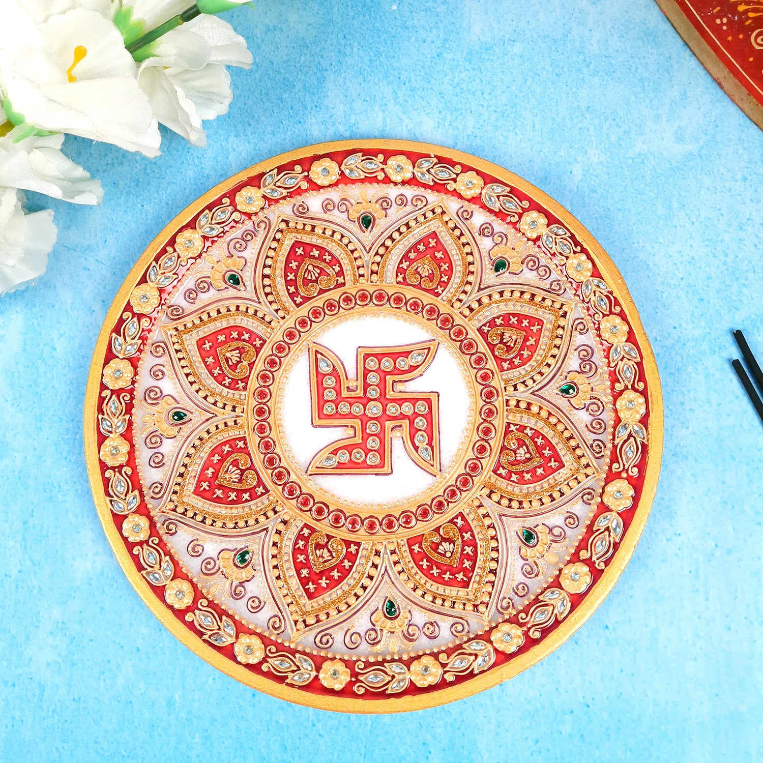 Marble Pooja Plate | Aarti Thali Big - Heavy Design - For Pooja, Weddings & Festivals - 9 Inch - Apkamart