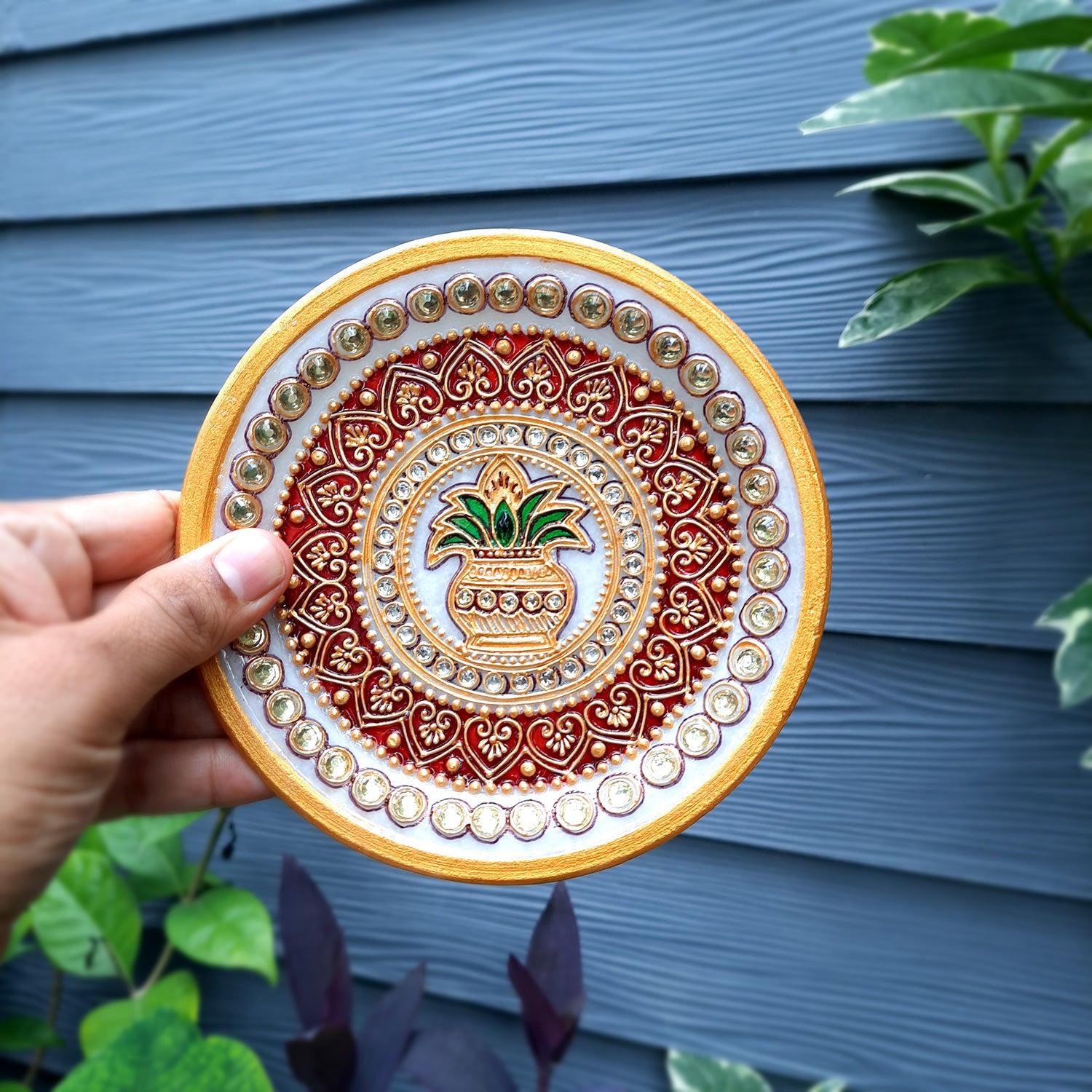 Marble Pooja Plate | Aarti Thali - Heavy Kalash Design - For Pooja, Weddings & Festivals - Apkamart