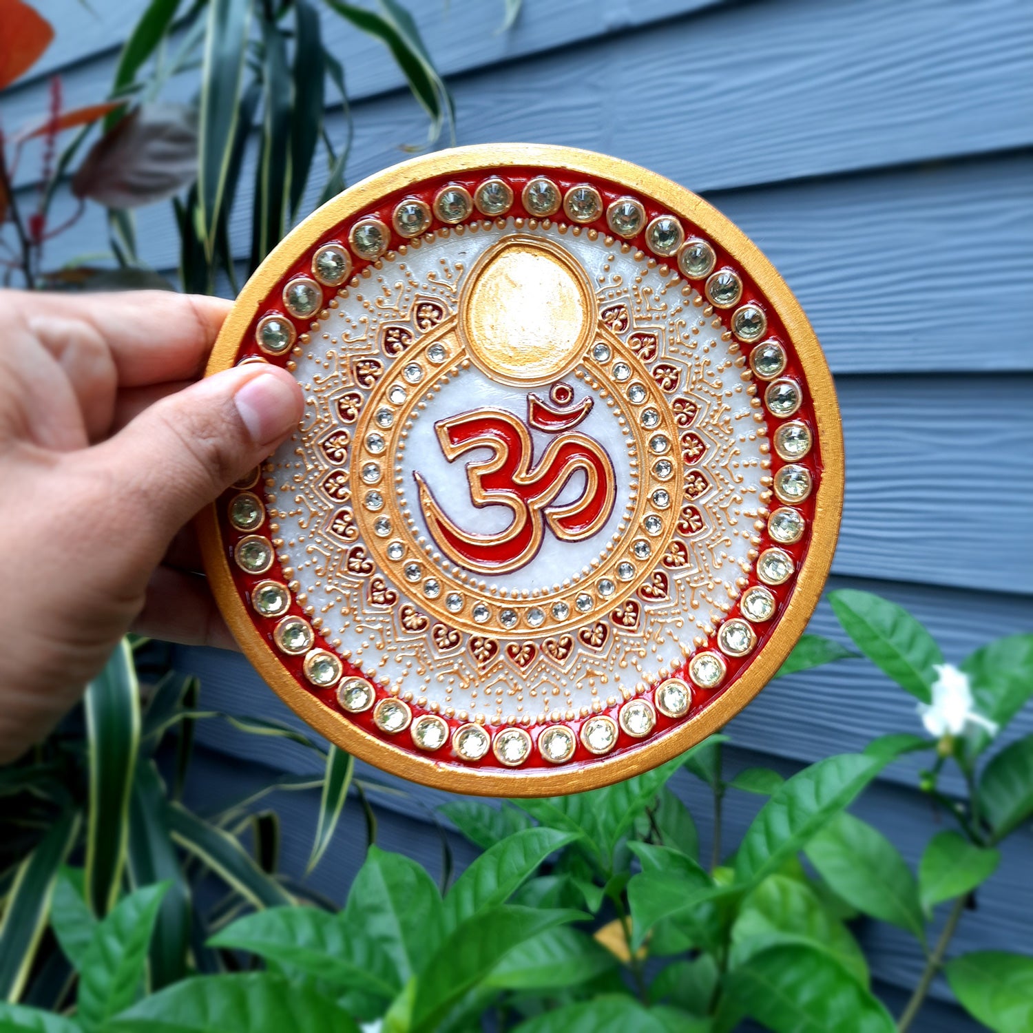 Puja Plate with Diya |Marble Pooja Thali With Heavy Om Design - For Pooja, weddings & Festivals - 6 Inch - Apkamart #Style_Design 1