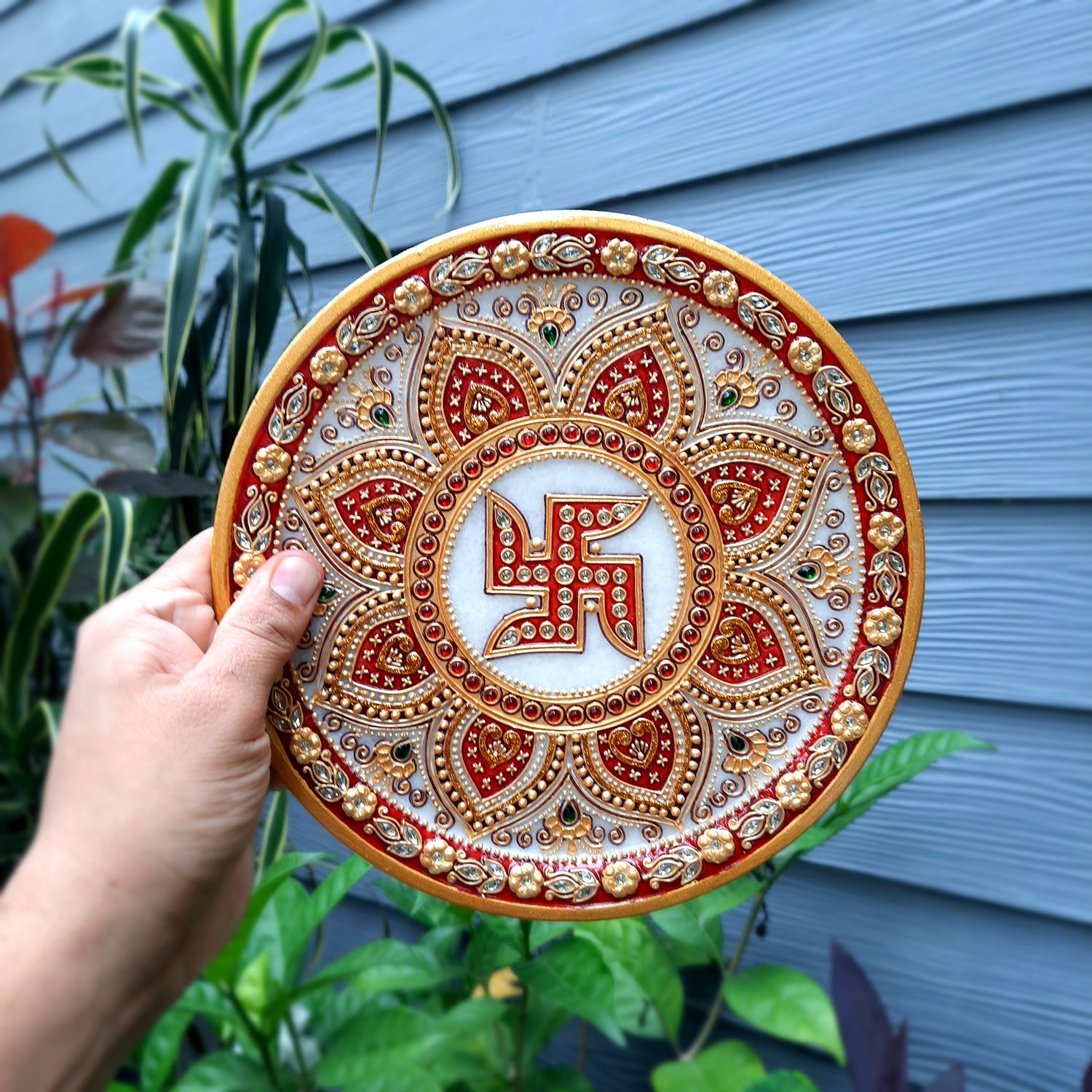 Marble Pooja Plate | Aarti Thali Big - Heavy Design - For Pooja, Weddings & Festivals - 9 Inch - Apkamart