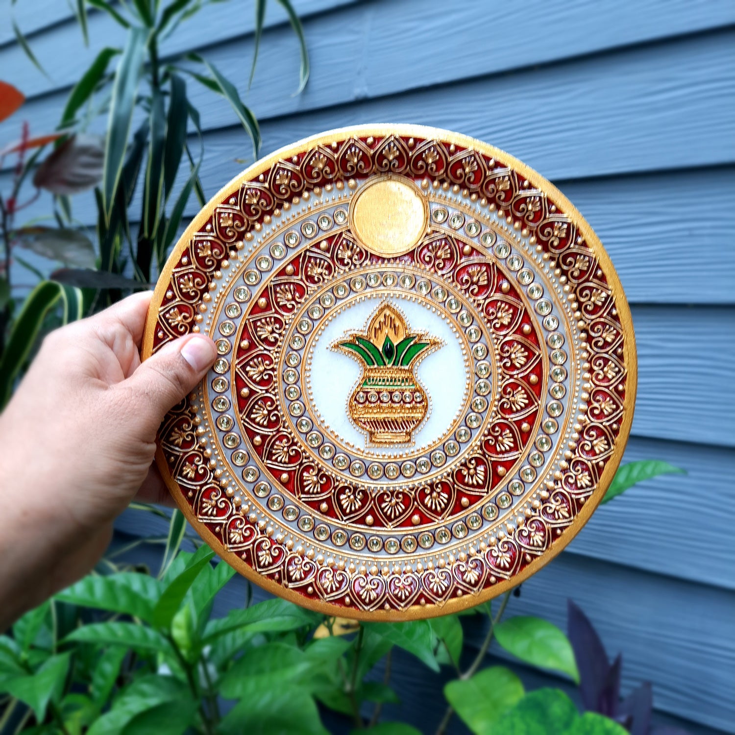 Marble Pooja Plate With Diya | Aarti Thali - Heavy Kalash Design - For Pooja, Weddings & Festivals - 9 Inch - Apkamart