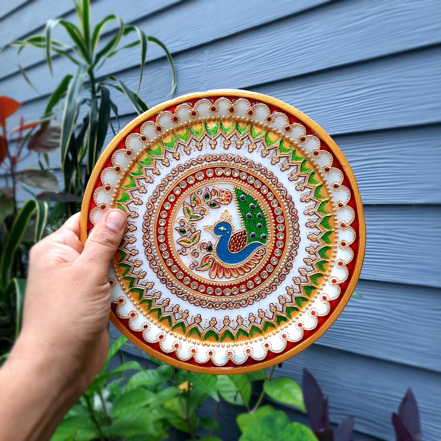 Marble Pooja Thali - Heavy Peacock Design - For Aarti, Puja, Weddings & Festivals - 9 Inch - Apkamart