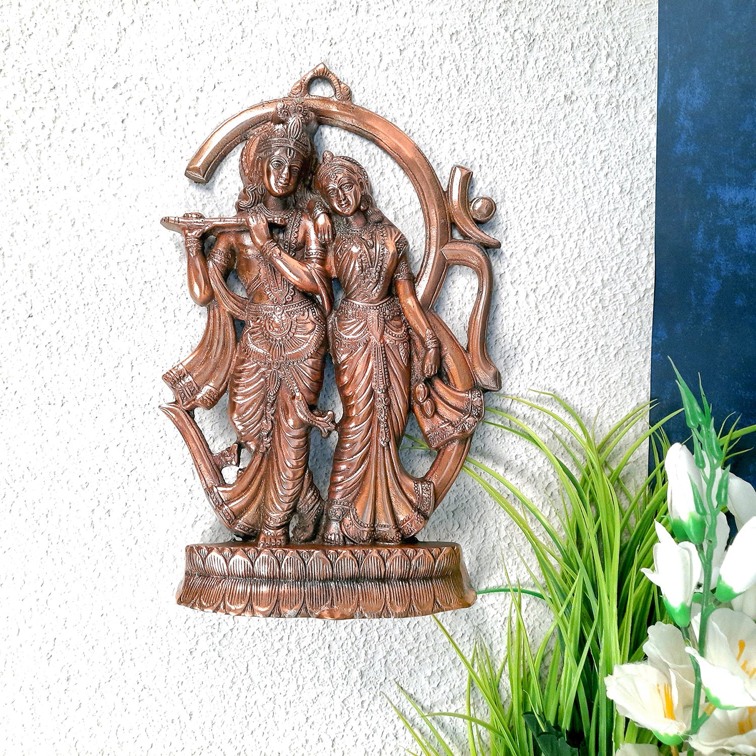 Radha Krishna Wall Hanging | Krishna Playing Bansuri Wall Decor - For Home, Puja, Wedding Gift - 16 Inch - apkamart