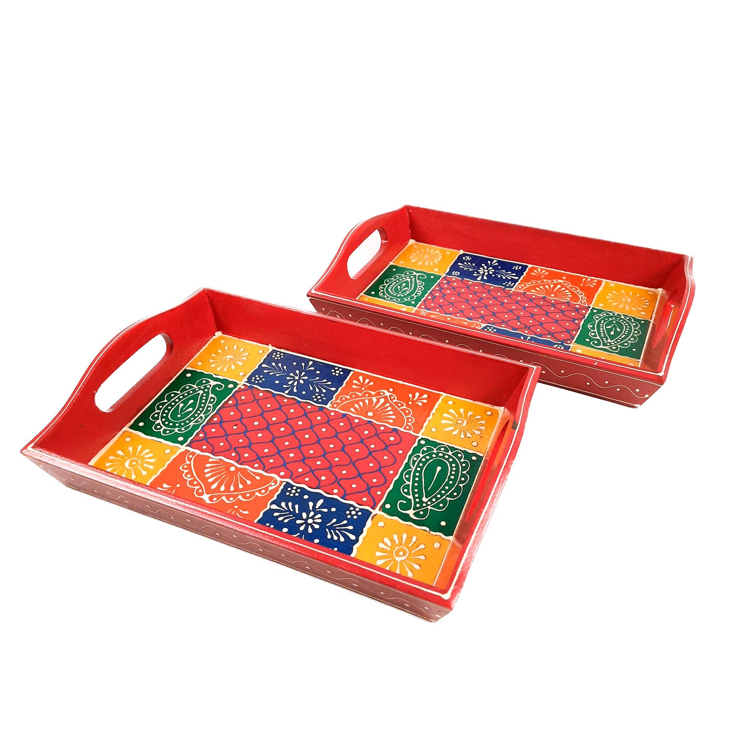Serving Tray | Wooden Tea Tray - For Home, Kitchen, Dining Table Decor & Gift - 11 Inch - apkamart #Style_Pack of 2