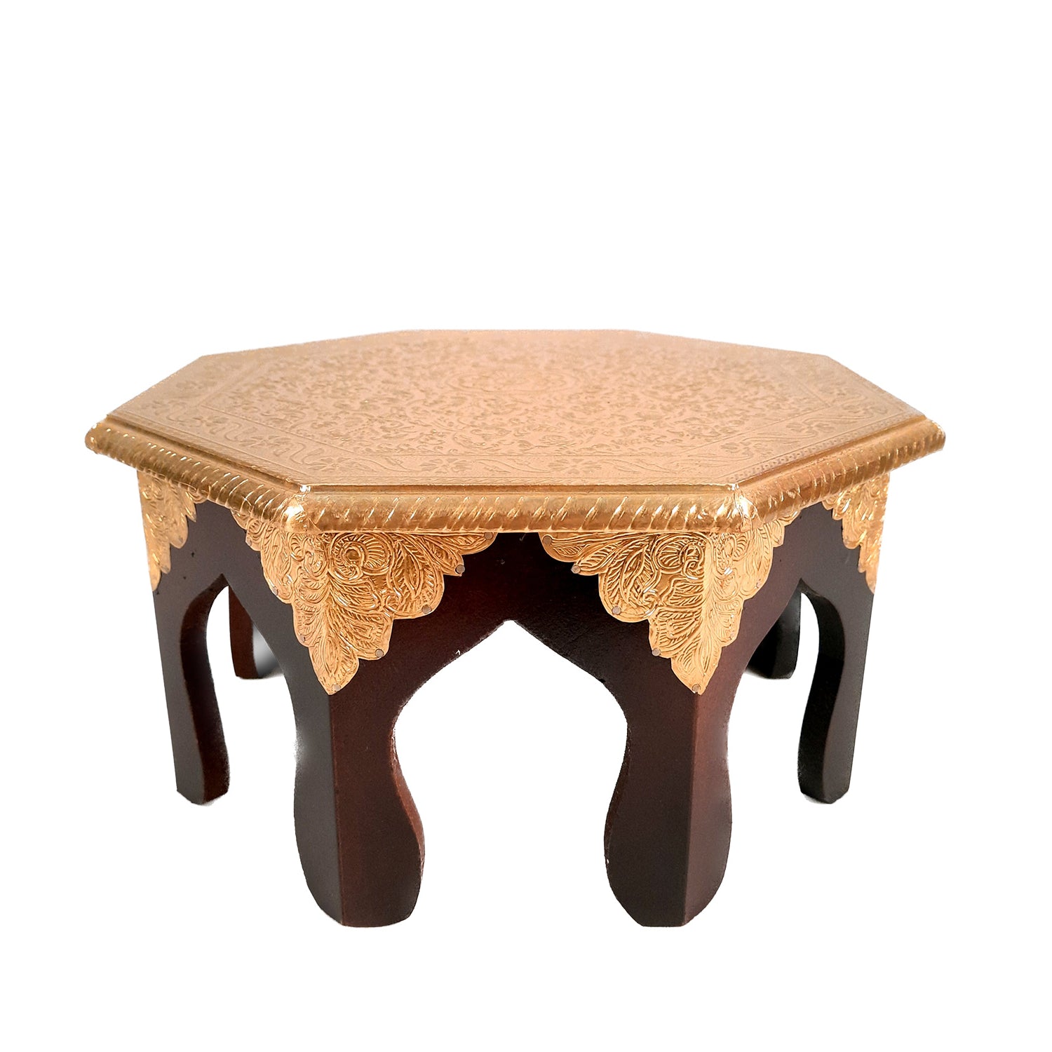 Puja Chowki Bajot Brass | Small Wooden Stool - 13 Inch - For Sitting, Puja, Home & Corner Decor - apkamart