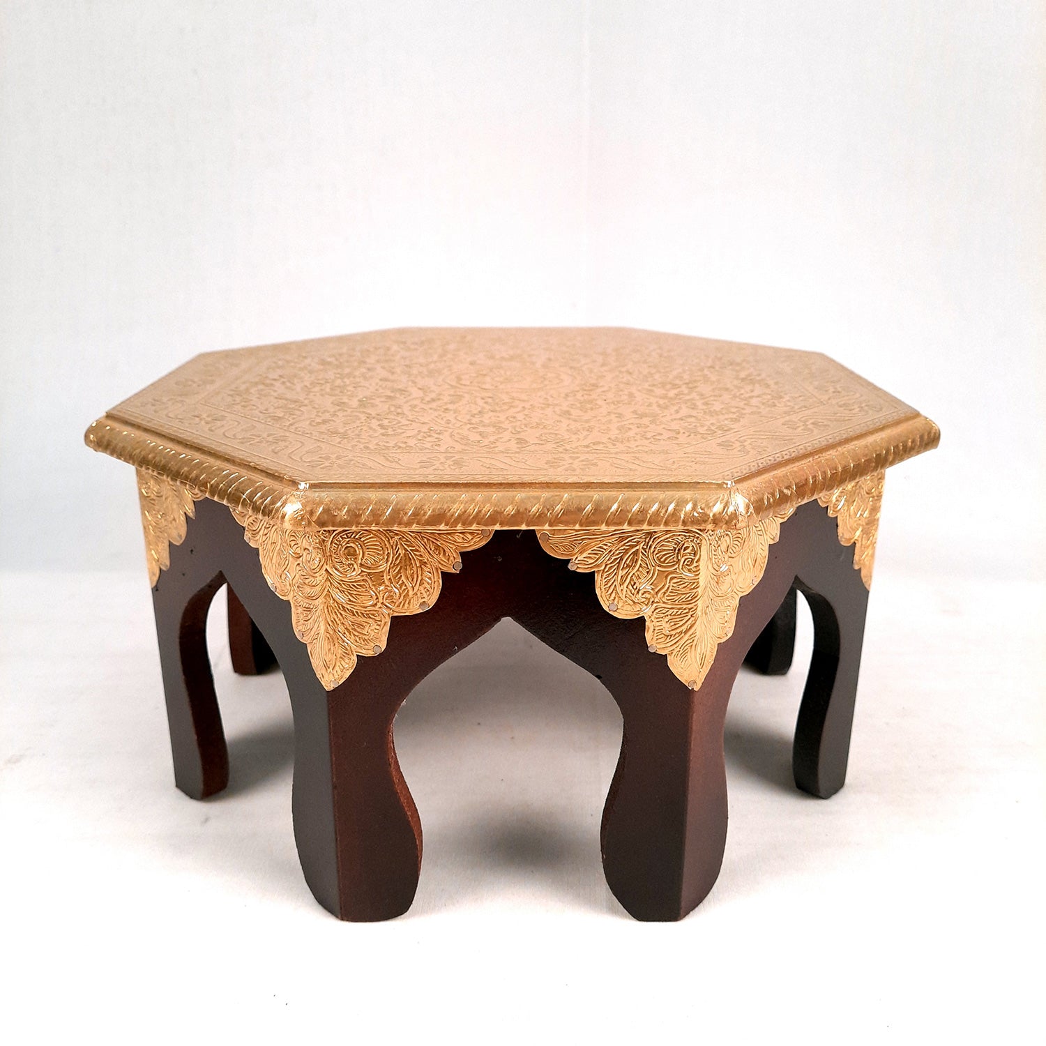 Puja Chowki Bajot Brass | Small Wooden Stool - 13 Inch - For Sitting, Puja, Home & Corner Decor - apkamart