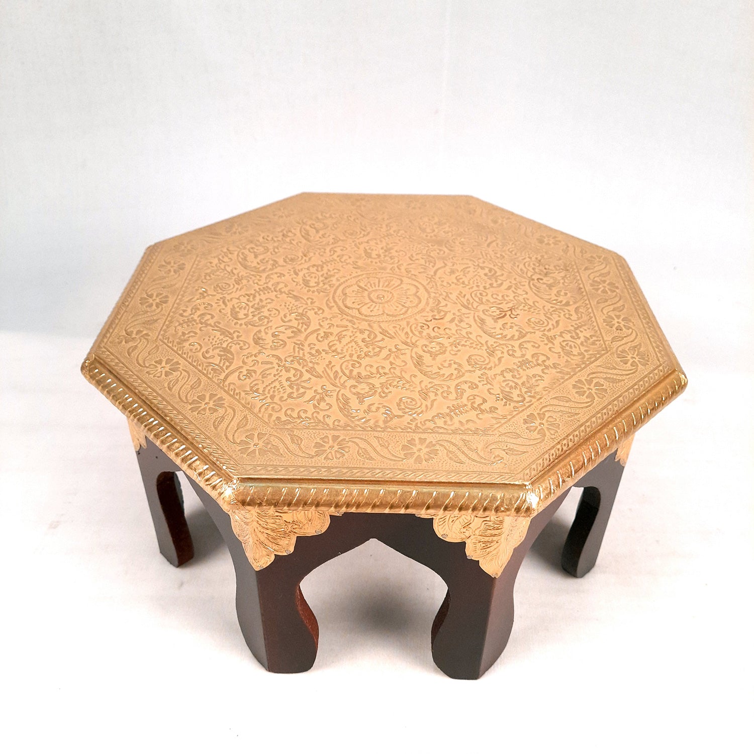 Puja Chowki Bajot Brass | Small Wooden Stool - 13 Inch - For Sitting, Puja, Home & Corner Decor - apkamart