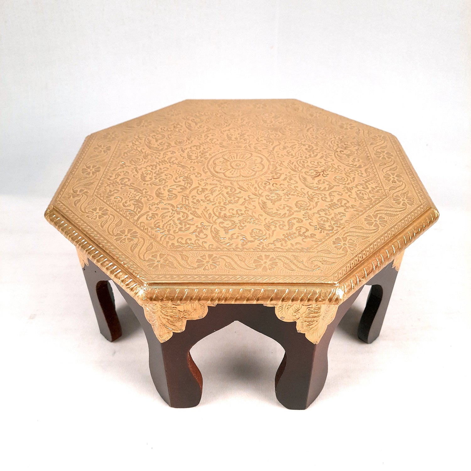 Puja Chowki Bajot Brass | Small Wooden Stool - 13 Inch - For Sitting, Puja, Home & Corner Decor - apkamart