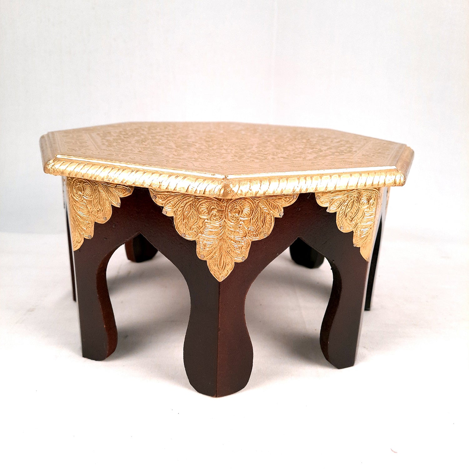 Puja Chowki Bajot Brass | Small Wooden Stool - 13 Inch - For Sitting, Puja, Home & Corner Decor - apkamart