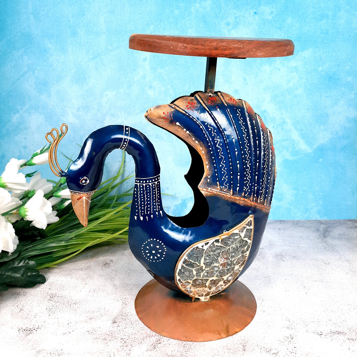 Antique Side Table Swan Design - 15 Inch for Home and Corner Decor - ApkaMartSide Table Peacock Design | End Table Cum Showpiece - for Living Room, Home and Corner Decor & Gift - 15 Inch - apkamart #Color_Blue