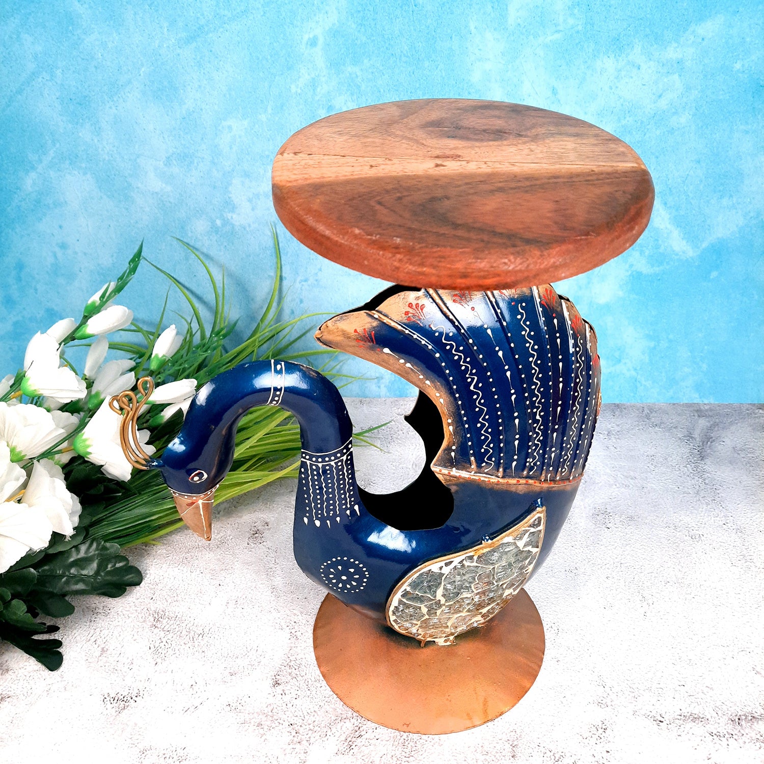 Antique Side Table Swan Design - 15 Inch for Home and Corner Decor - ApkaMartSide Table Peacock Design | End Table Cum Showpiece - for Living Room, Home and Corner Decor & Gift - 15 Inch - apkamart #Color_Blue