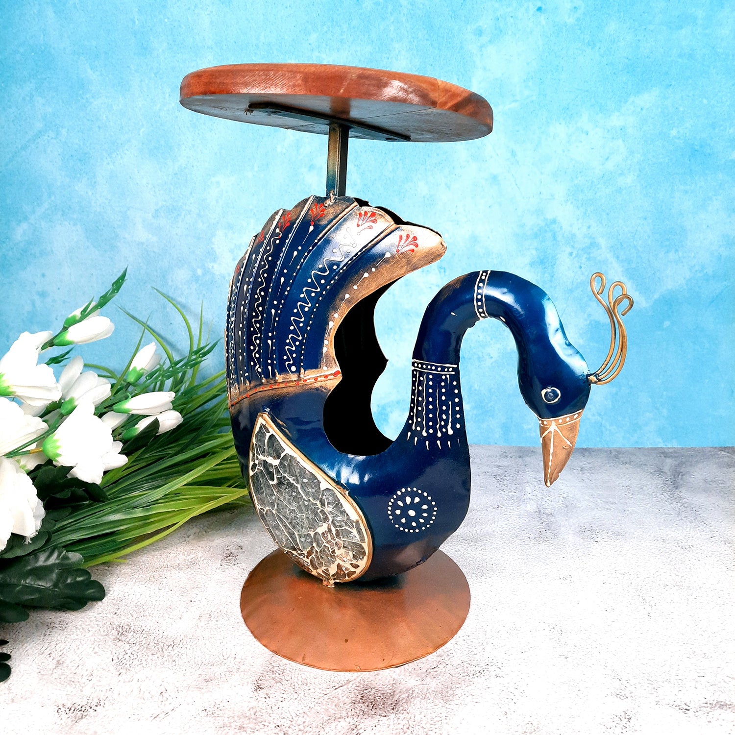 Antique Side Table Swan Design - 15 Inch for Home and Corner Decor - ApkaMartSide Table Peacock Design | End Table Cum Showpiece - for Living Room, Home and Corner Decor & Gift - 15 Inch - apkamart #Color_Blue