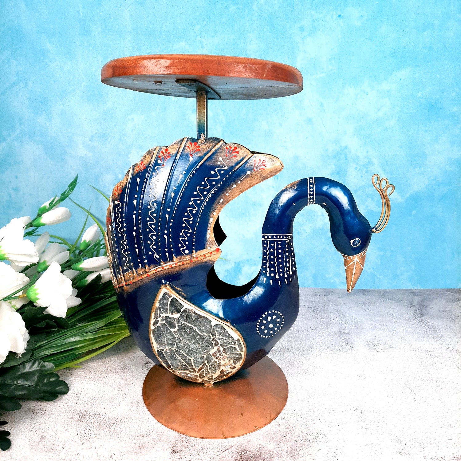 Antique Side Table Swan Design - 15 Inch for Home and Corner Decor - ApkaMartSide Table Peacock Design | End Table Cum Showpiece - for Living Room, Home and Corner Decor & Gift - 15 Inch - apkamart #Color_Blue