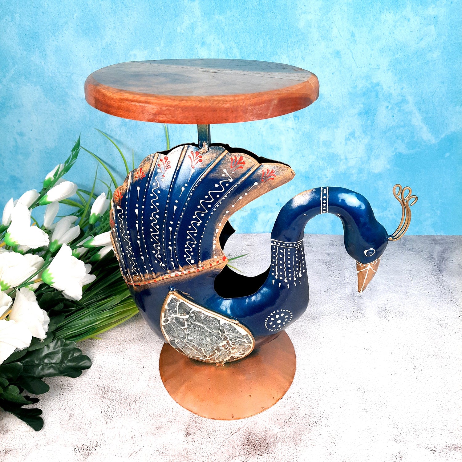Antique Side Table Swan Design - 15 Inch for Home and Corner Decor - ApkaMartSide Table Peacock Design | End Table Cum Showpiece - for Living Room, Home and Corner Decor & Gift - 15 Inch - apkamart #Color_Blue