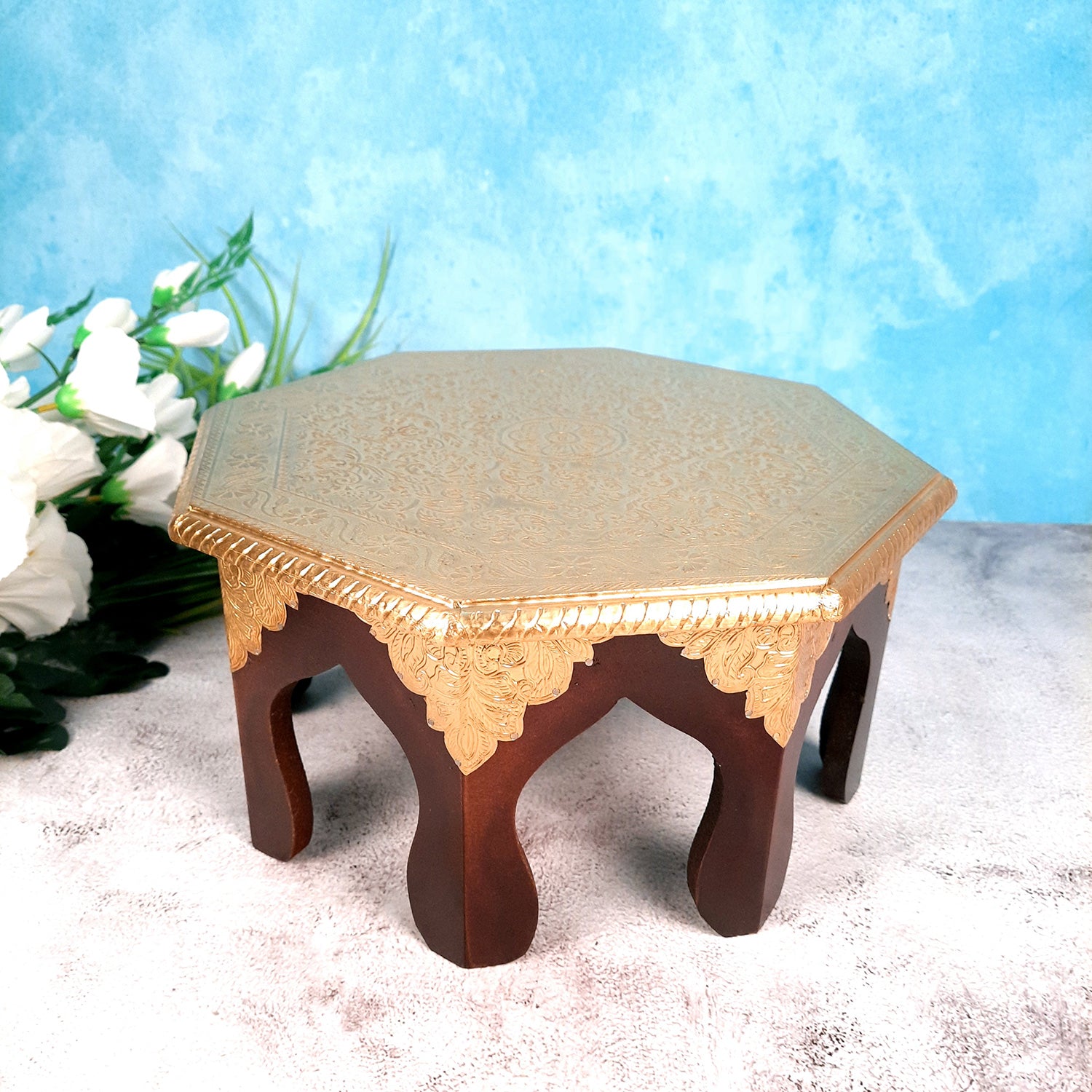 Puja Chowki Bajot Brass | Small Wooden Stool - 13 Inch - For Sitting, Puja, Home & Corner Decor - apkamart