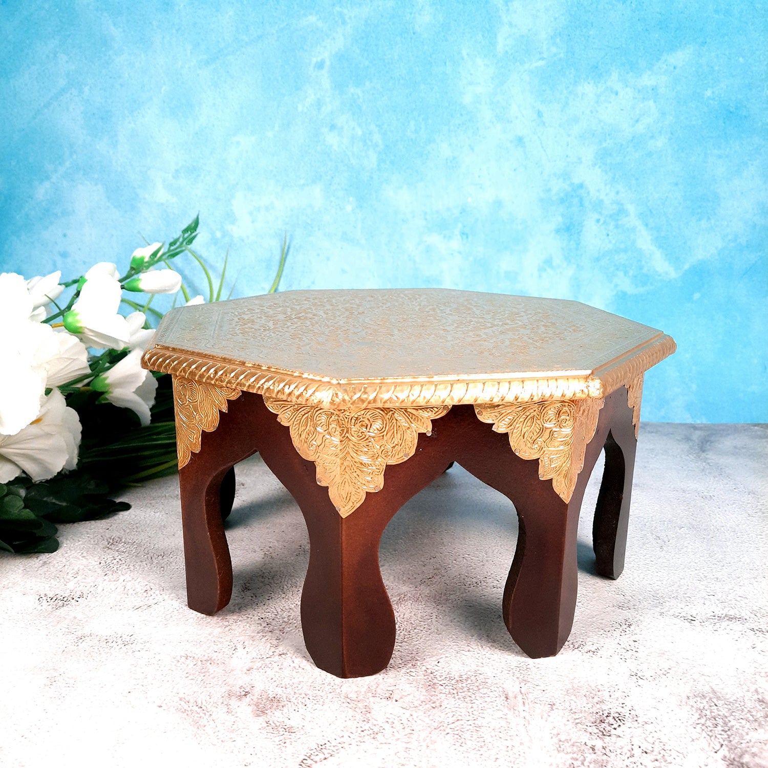 Puja Chowki Bajot Brass | Small Wooden Stool - 13 Inch - For Sitting, Puja, Home & Corner Decor - apkamart