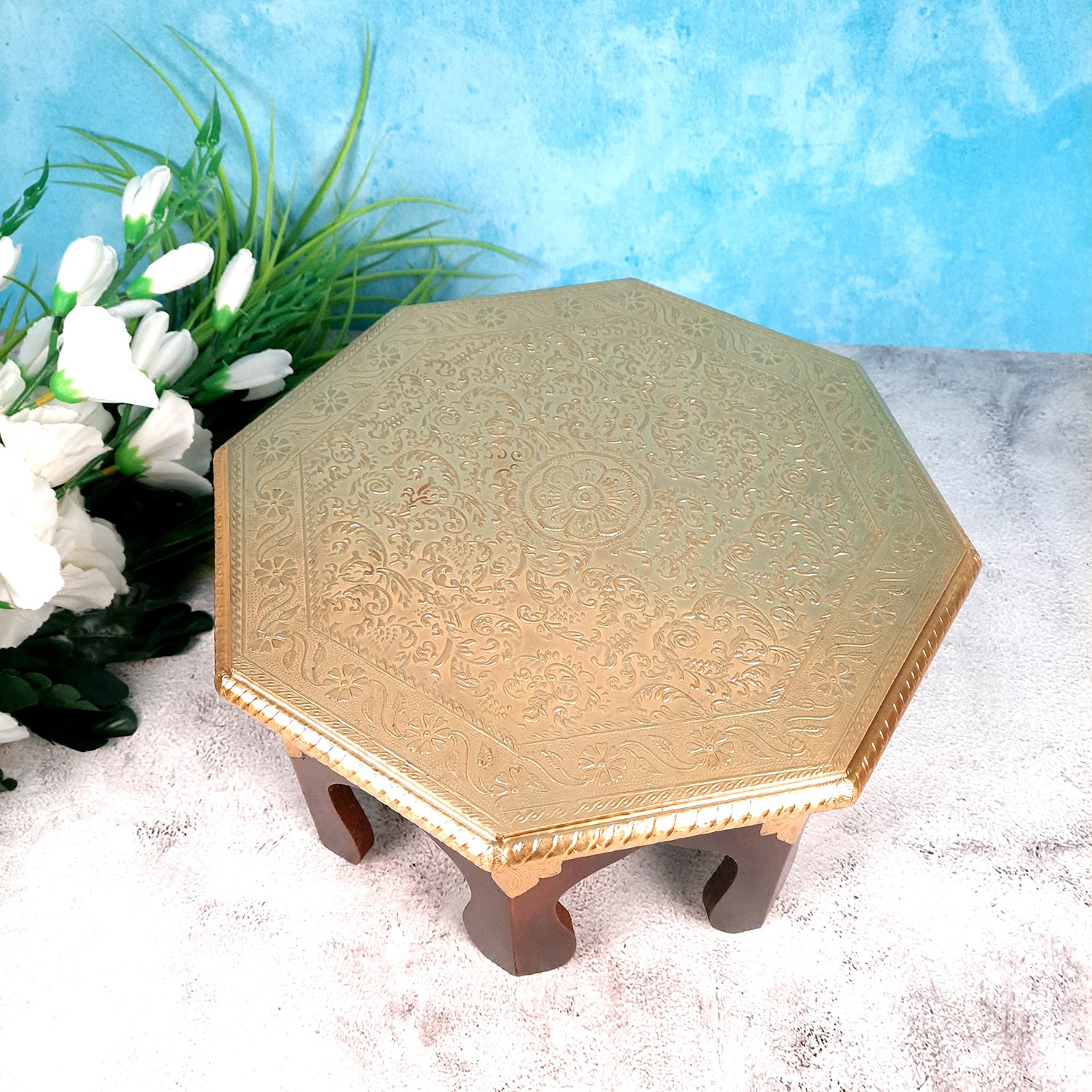 Puja Chowki Bajot Brass | Small Wooden Stool - 13 Inch - For Sitting, Puja, Home & Corner Decor - apkamart