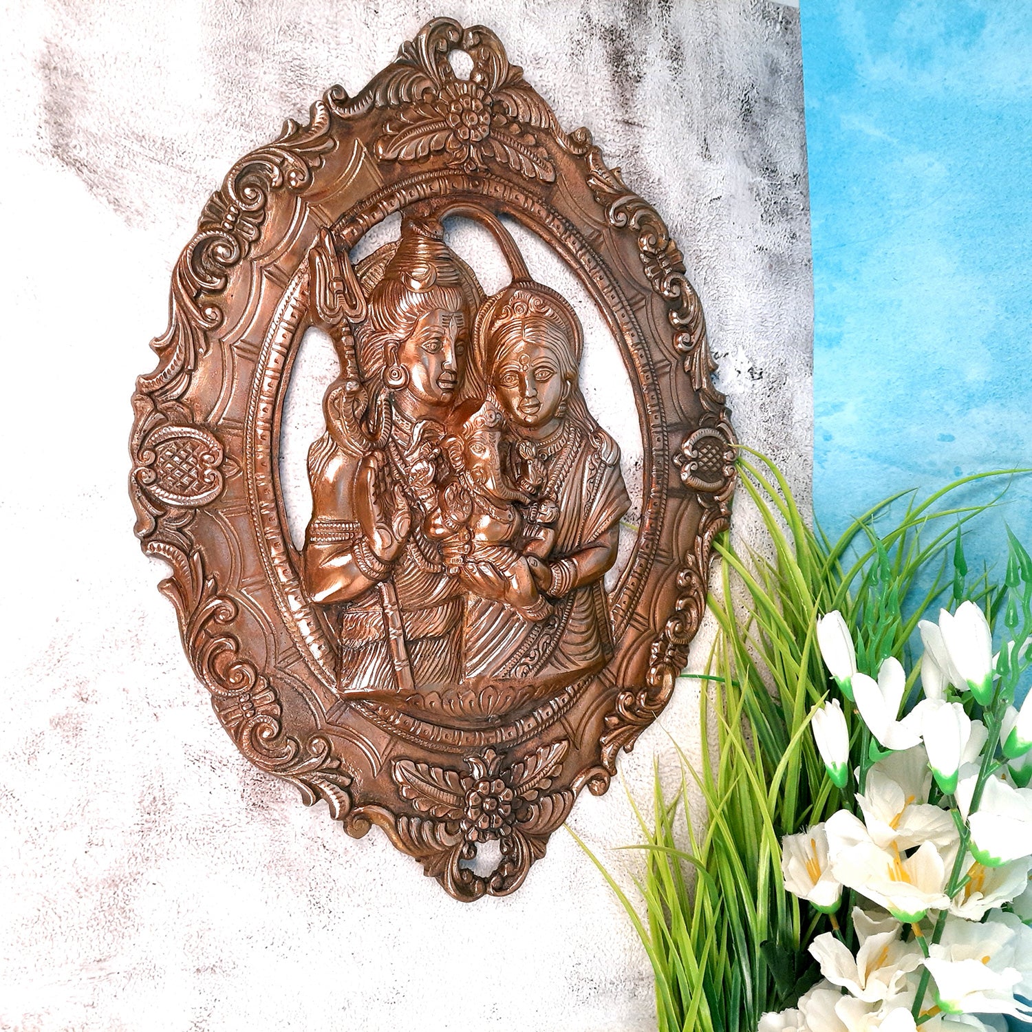 Shiva Parvati Ganesha Wall Hanging | Shiv Parivwar Wall Decor -For Home, Living Room, Office Decor & Gift - 19 Inch - apkamart