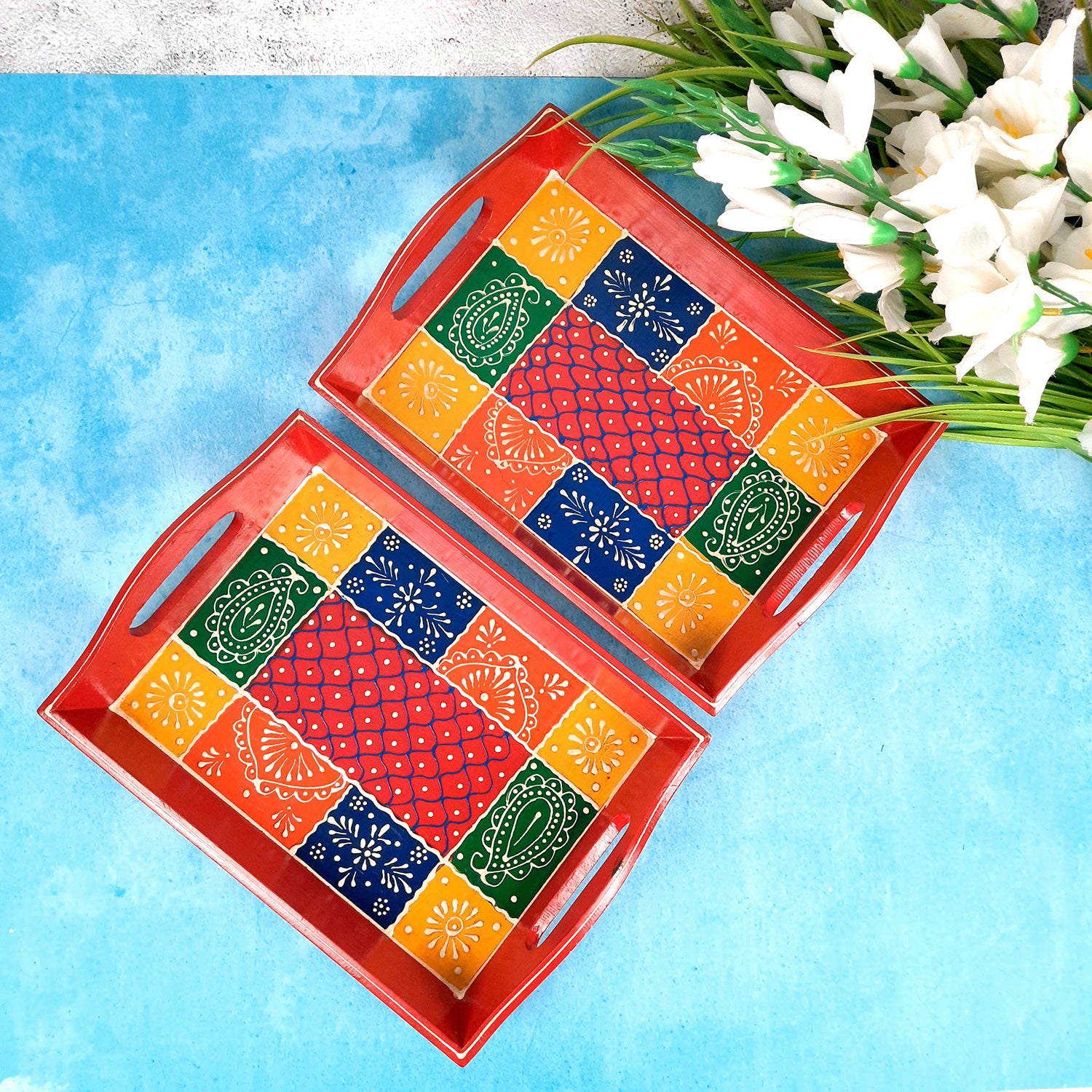 Serving Tray | Wooden Tea Tray - For Home, Kitchen, Dining Table Decor & Gift - 11 Inch - apkamart #Style_Pack of 2
