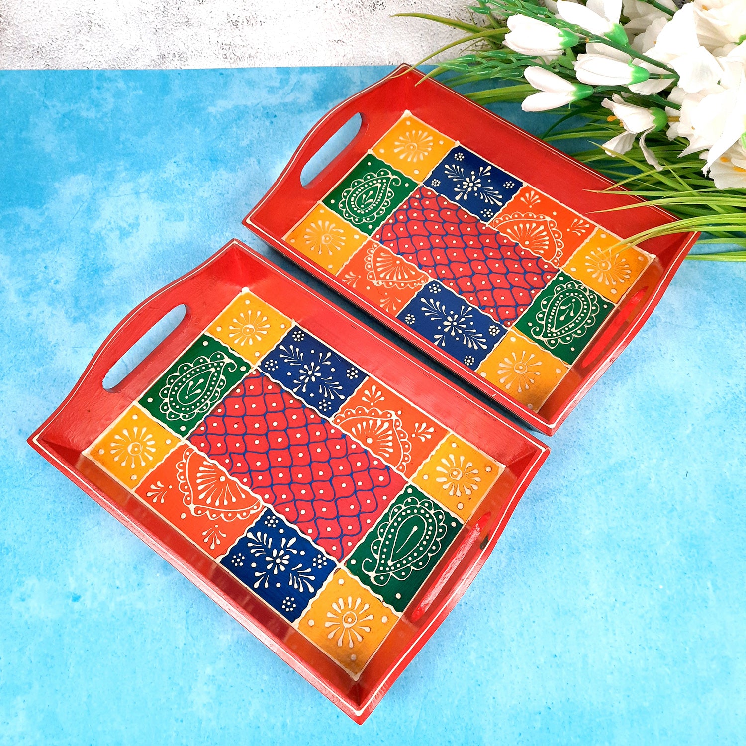 Serving Tray | Wooden Tea Tray - For Home, Kitchen, Dining Table Decor & Gift - 11 Inch - apkamart #Style_Pack of 2
