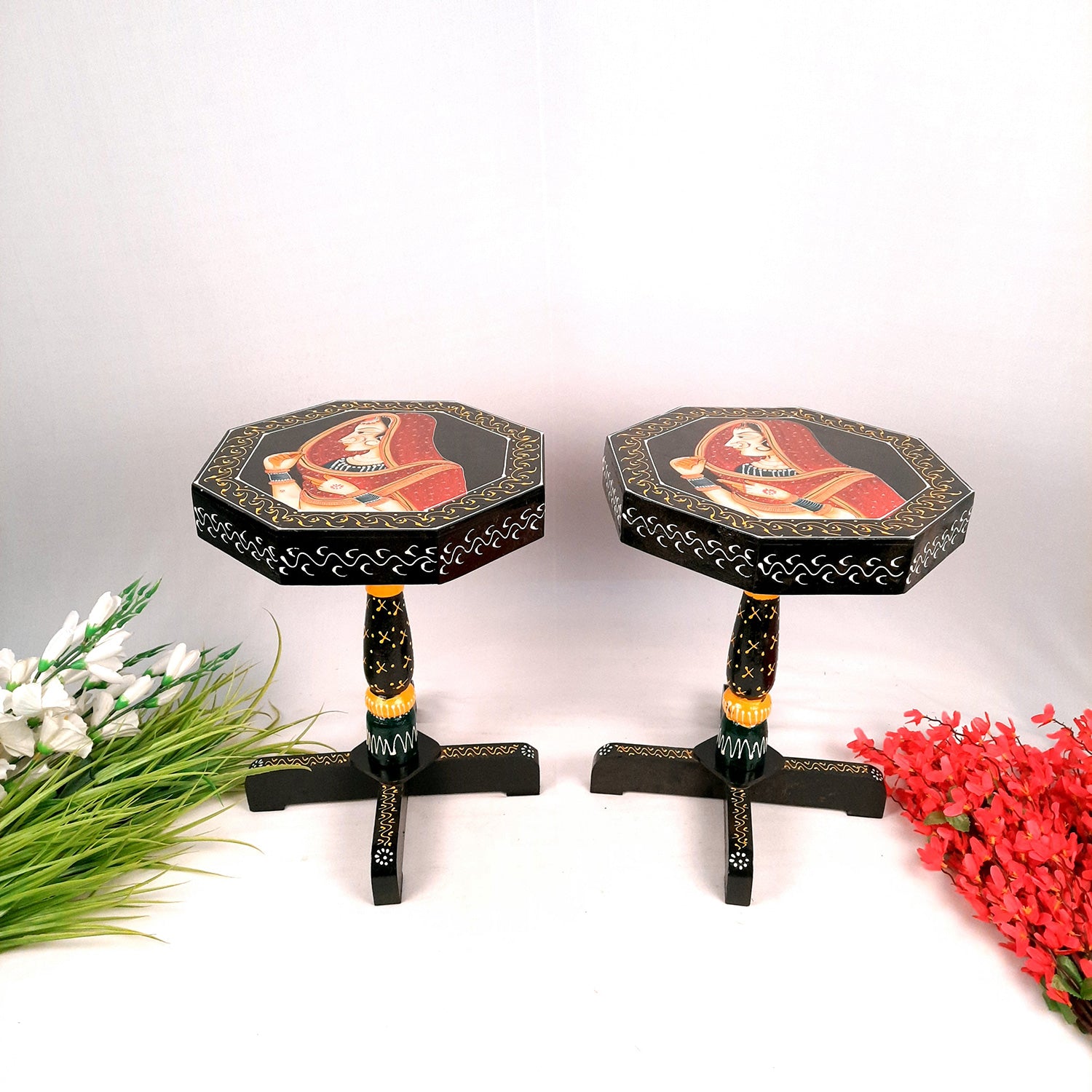 Side Table Stool Wooden | End Table | - Bani Thani Design - for Living Room, Home & Corner Decor & Gifts - 16 inch - apkamart #Style_Pack of 2