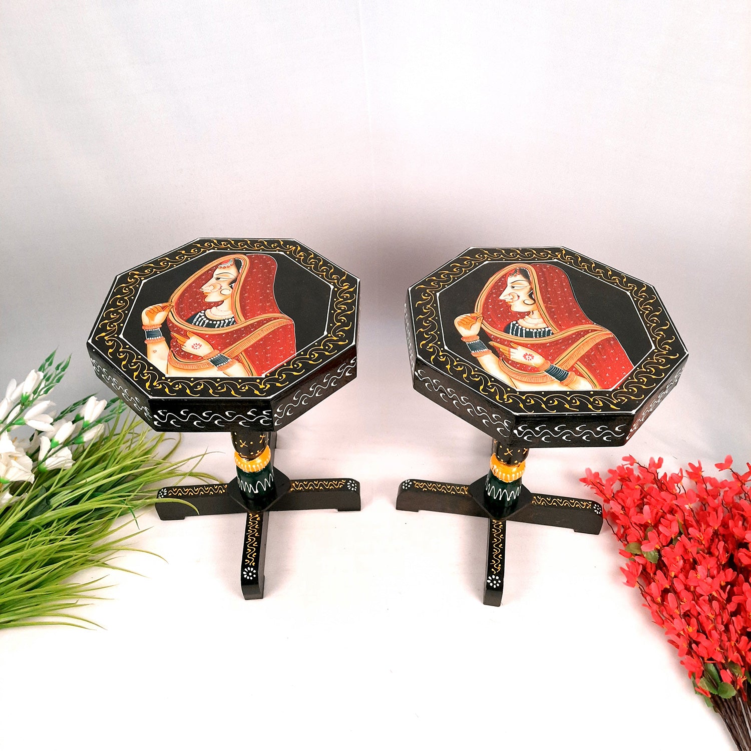 Side Table Stool Wooden | End Table | - Bani Thani Design - for Living Room, Home & Corner Decor & Gifts - 16 inch - apkamart #Style_Pack of 2