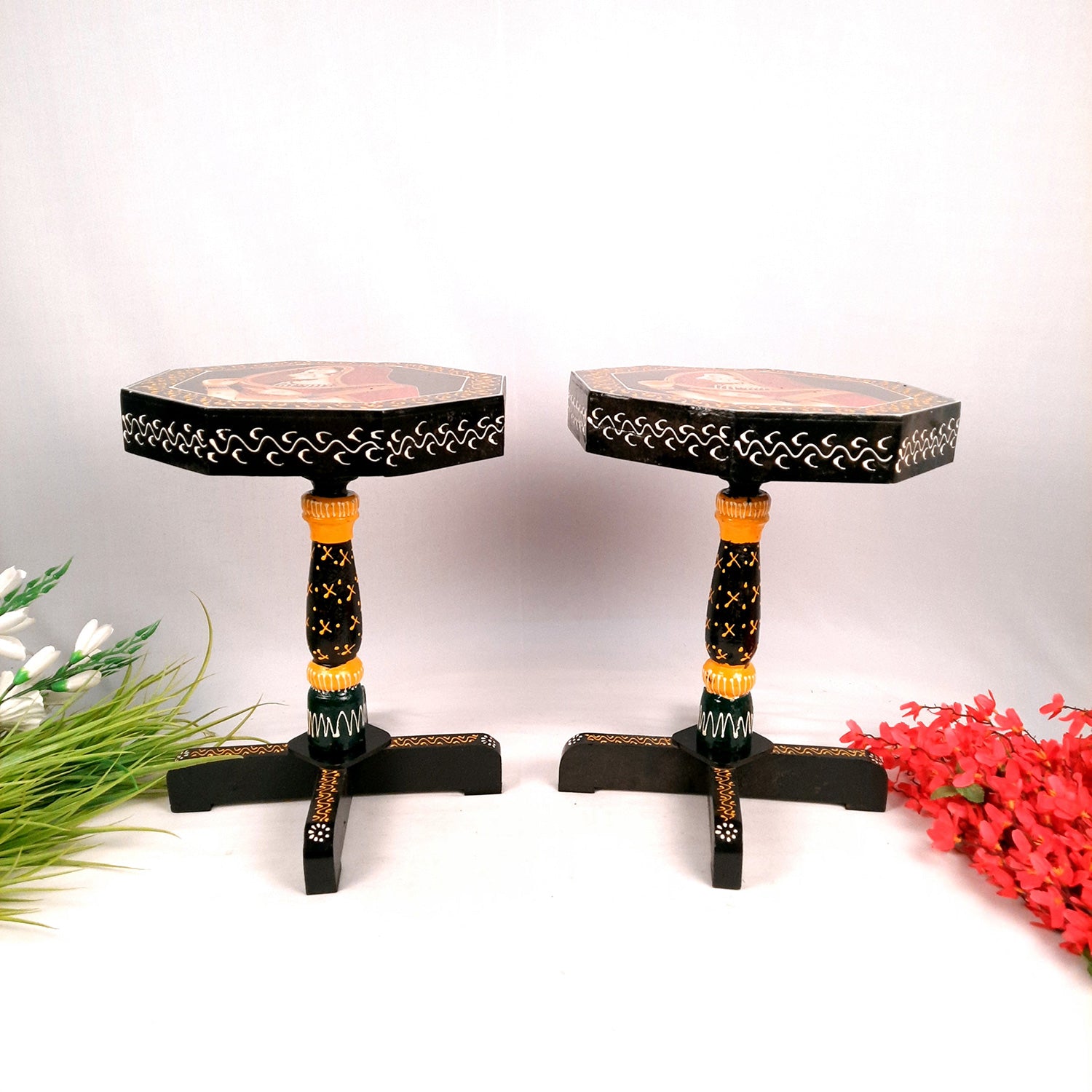 Side Table Stool Wooden | End Table | - Bani Thani Design - for Living Room, Home & Corner Decor & Gifts - 16 inch - apkamart #Style_Pack of 2