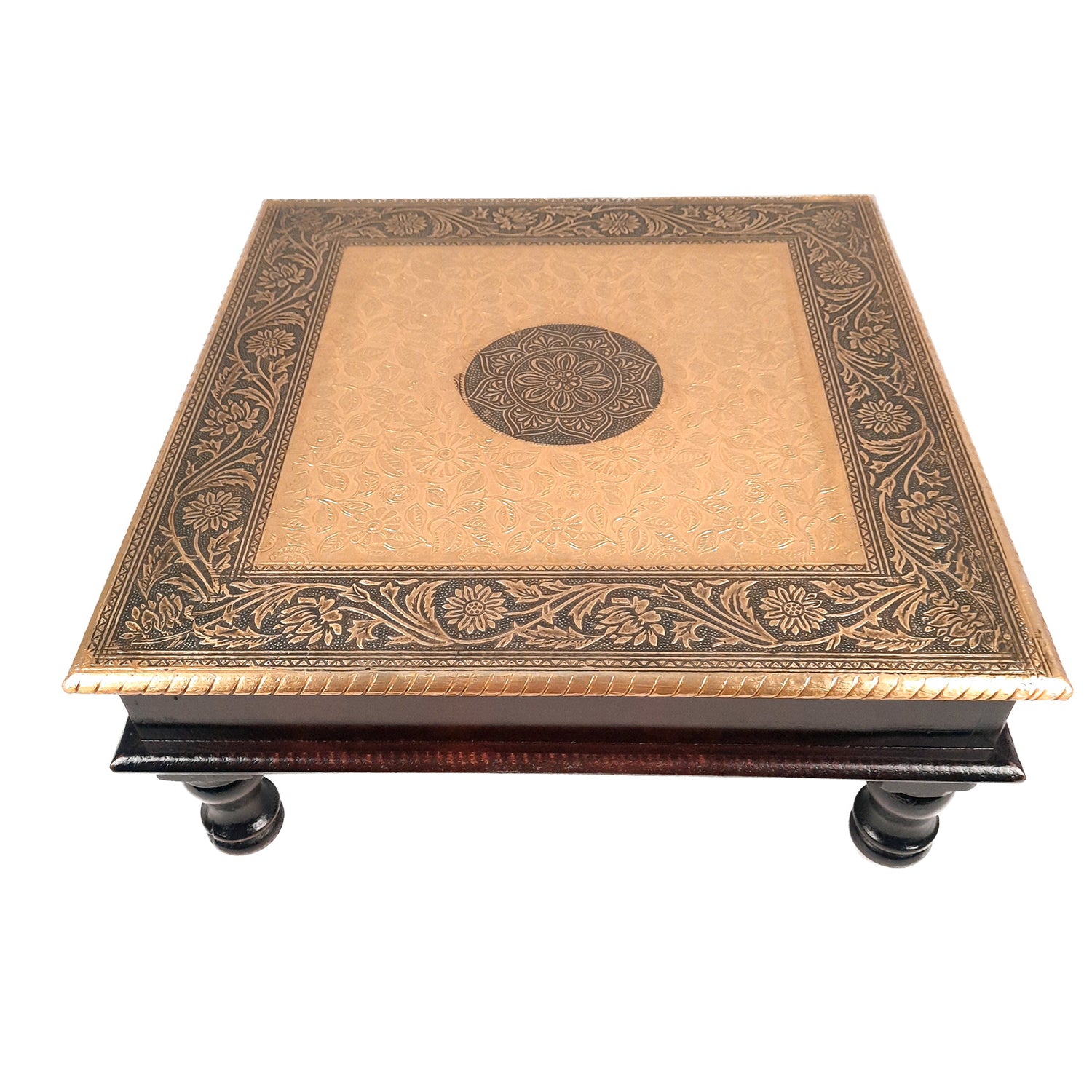 Puja Chowki Bajot | Wooden Brass Chauki - For Pooja, Sitting, Home & Corner Decor -15 Inch - apkamart #Style_Design 2