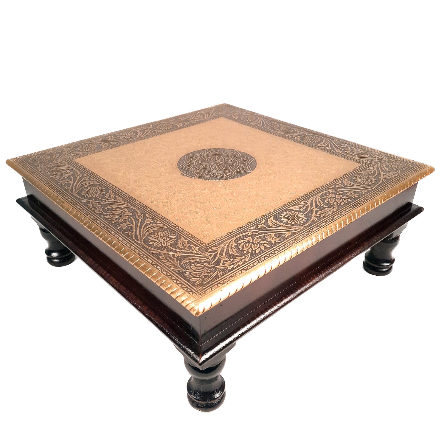 Puja Chowki Bajot | Wooden Brass Chauki - For Pooja, Sitting, Home & Corner Decor -15 Inch - apkamart #Style_Design 2